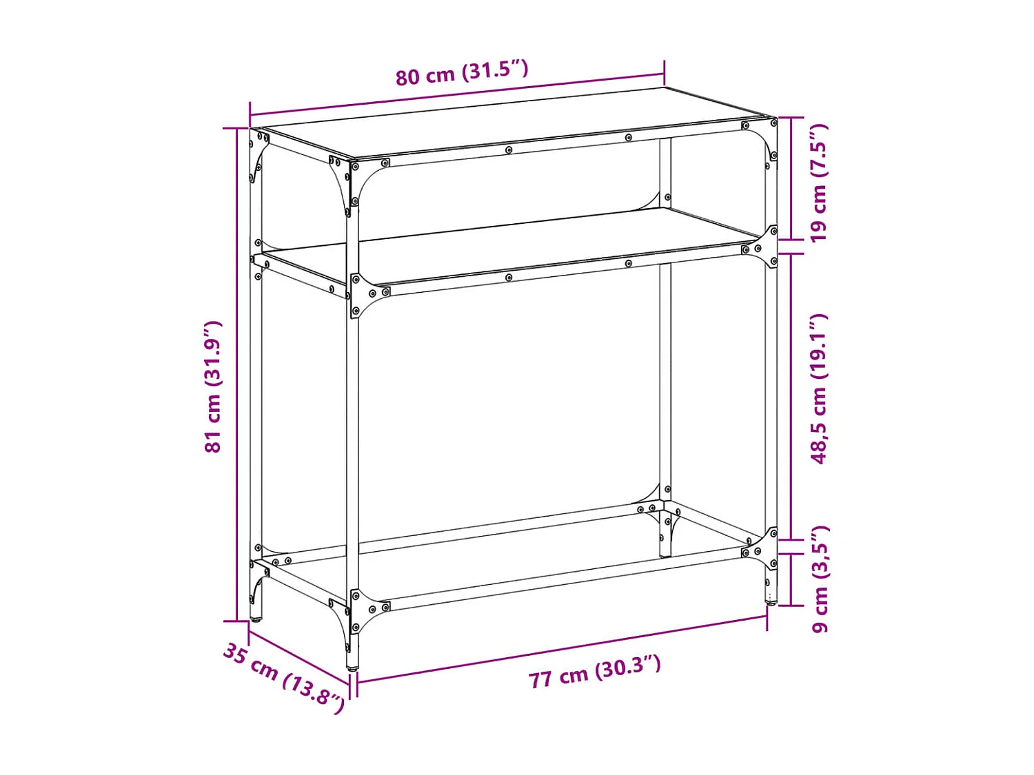 Table console avec dessus en verre noir 80x35x81 cm acier