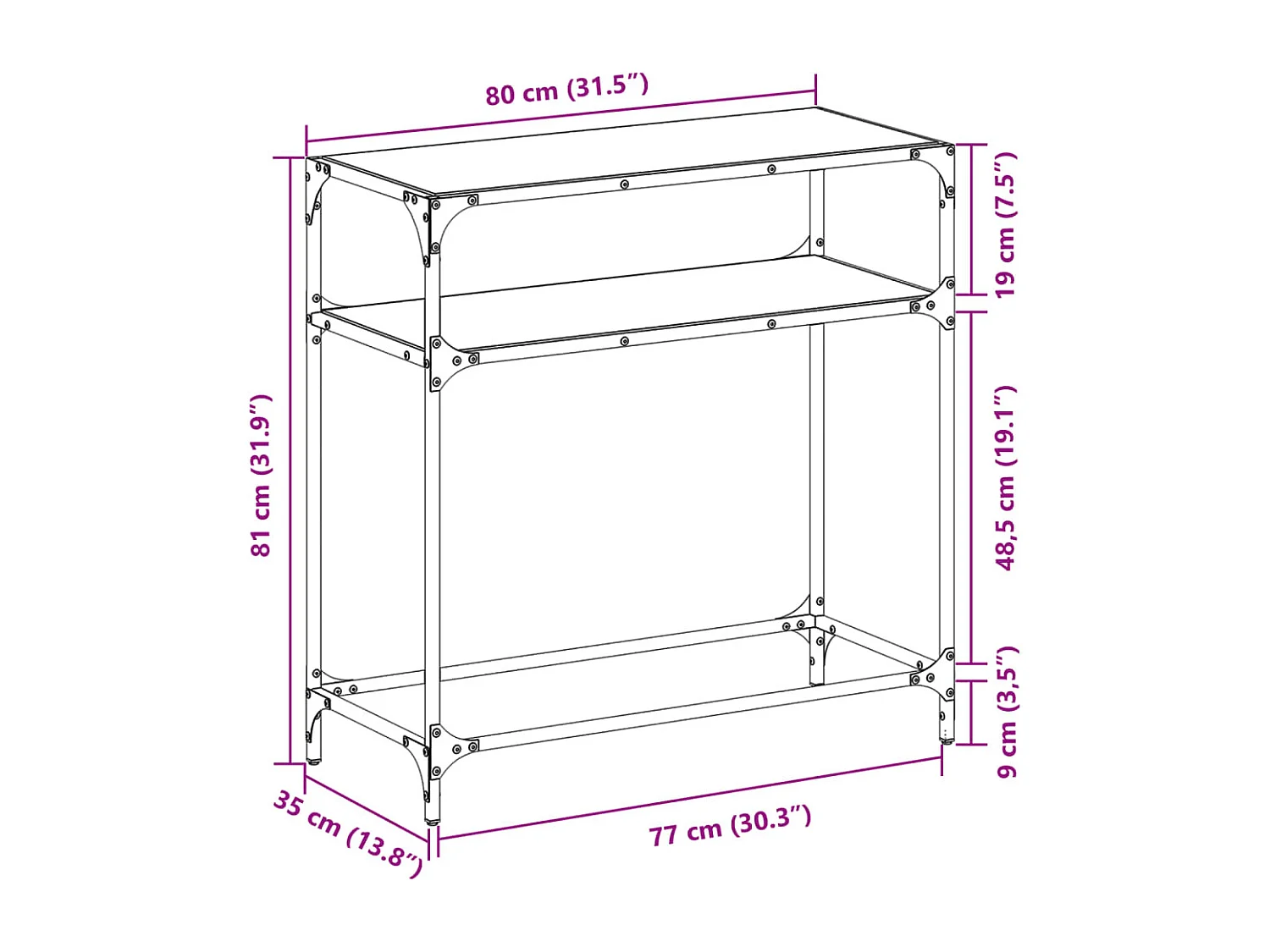 Mesa consola superficie vidrio transparente acero 80x35x81 cm