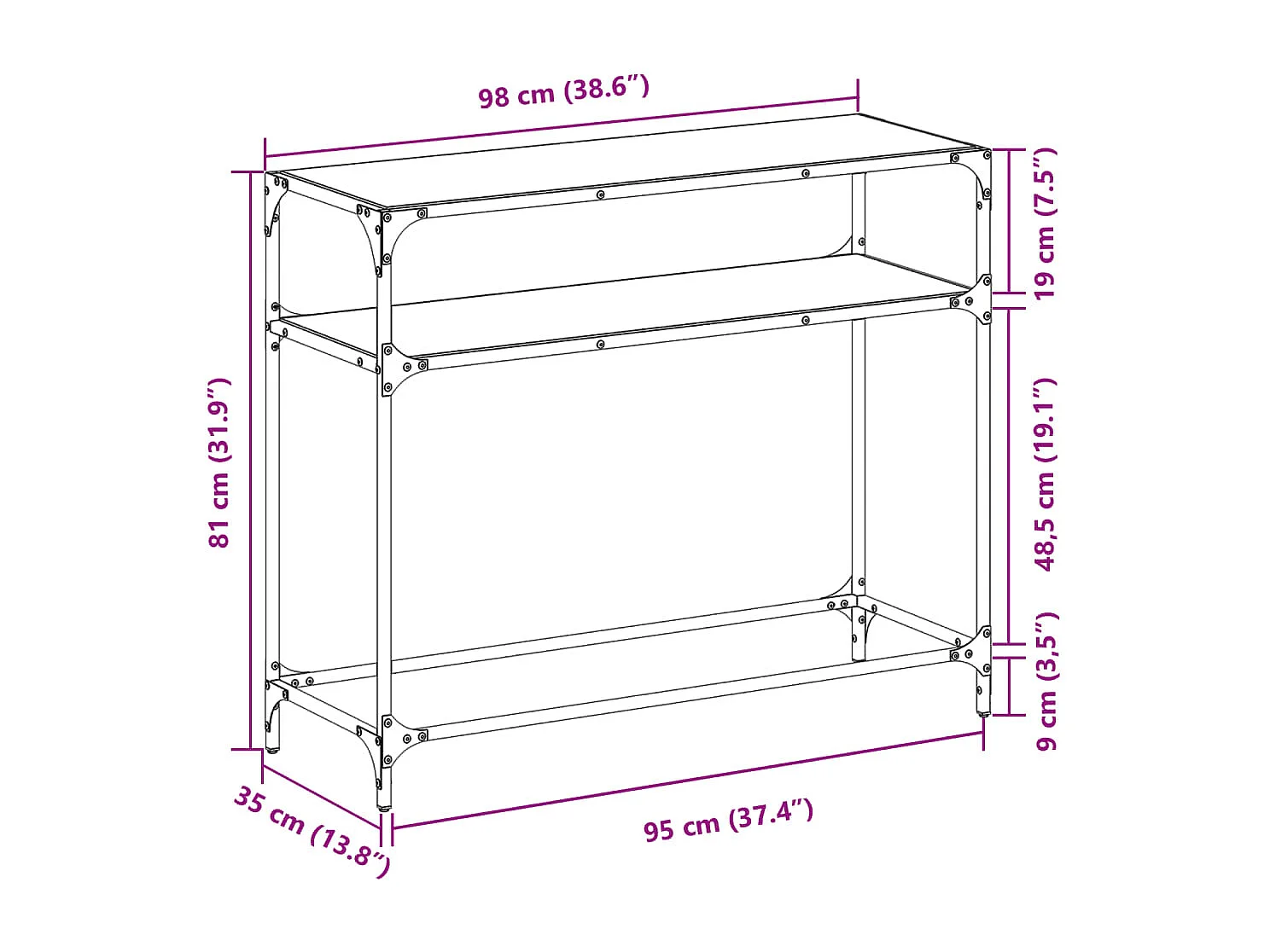 Wandtafel met zwart glazen blad 98x35x81 cm staal