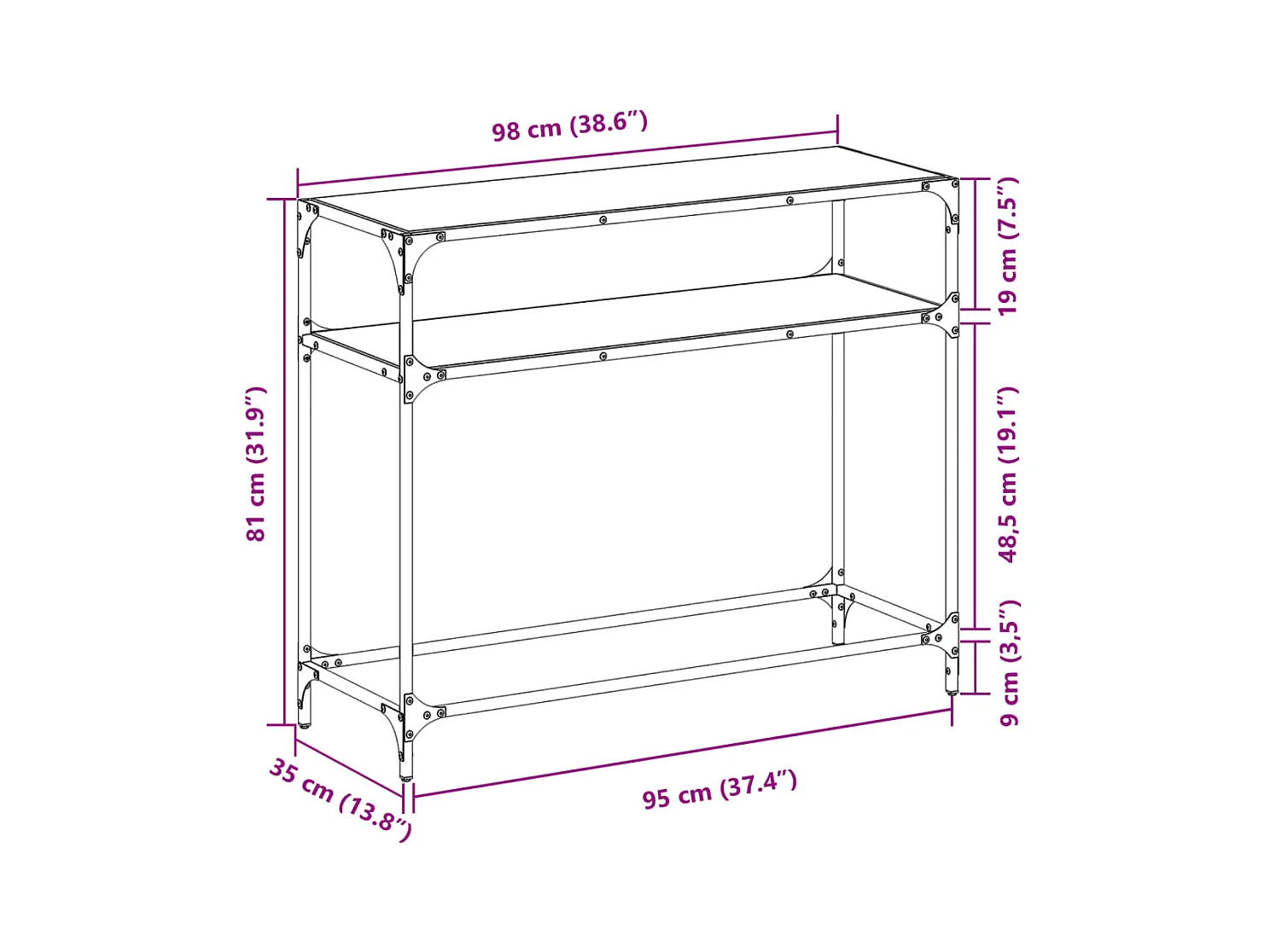 Table console avec dessus en verre noir 98x35x81 cm acier