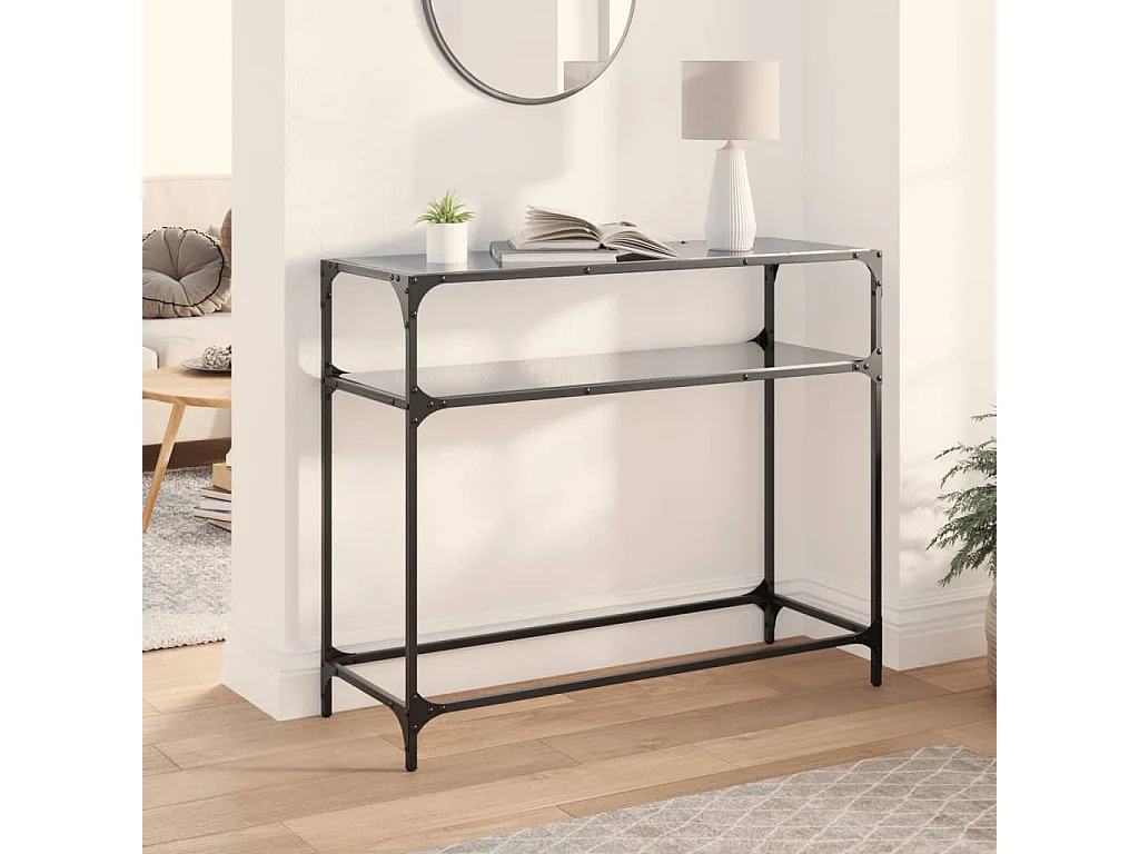 Tavolino Consolle con Piano in Vetro Nero 98x35x81cm in Acciaio