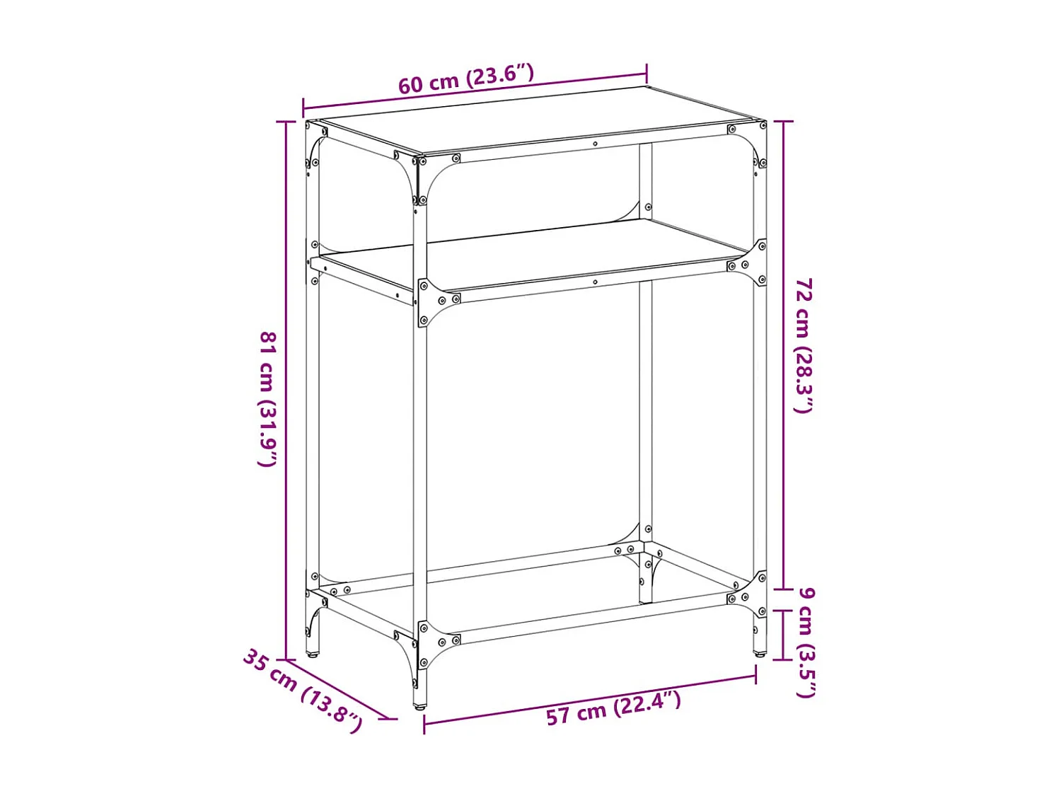 Wandtafel met transparant glazen blad 60x35x81 cm staal