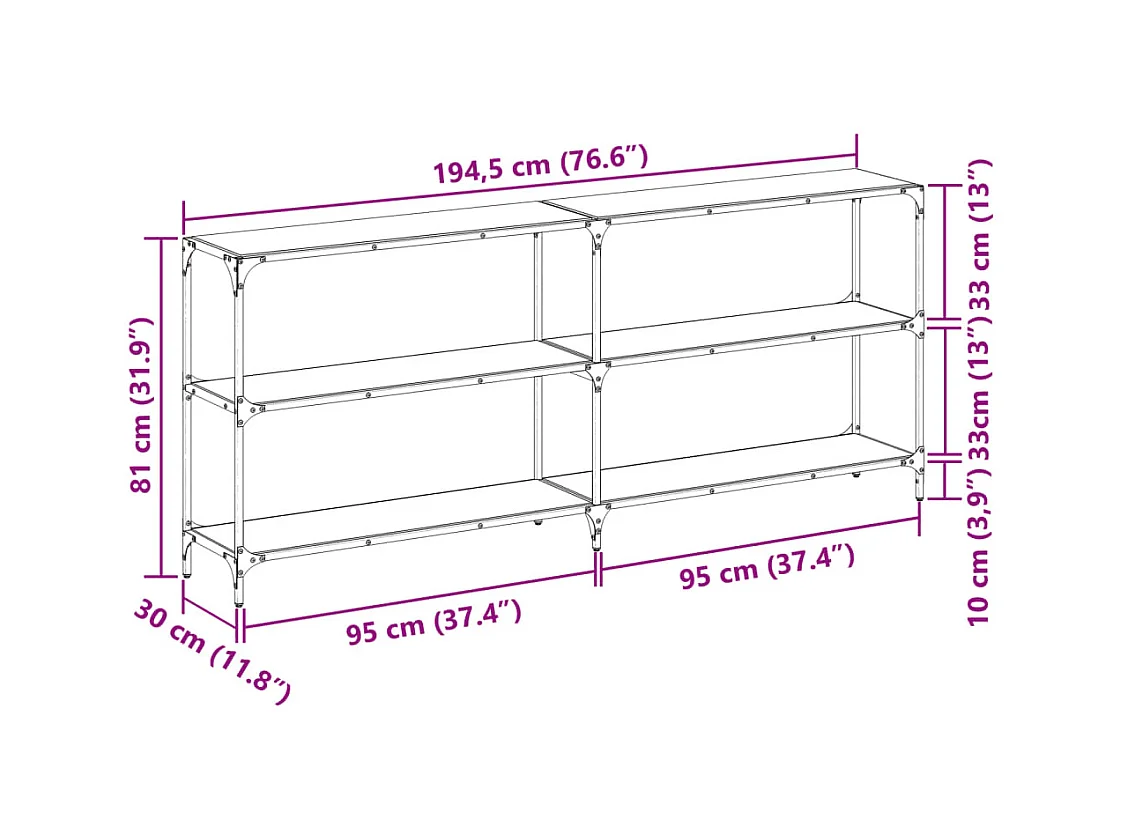 Table console avec dessus en verre noir 194,5x30x81 cm acier