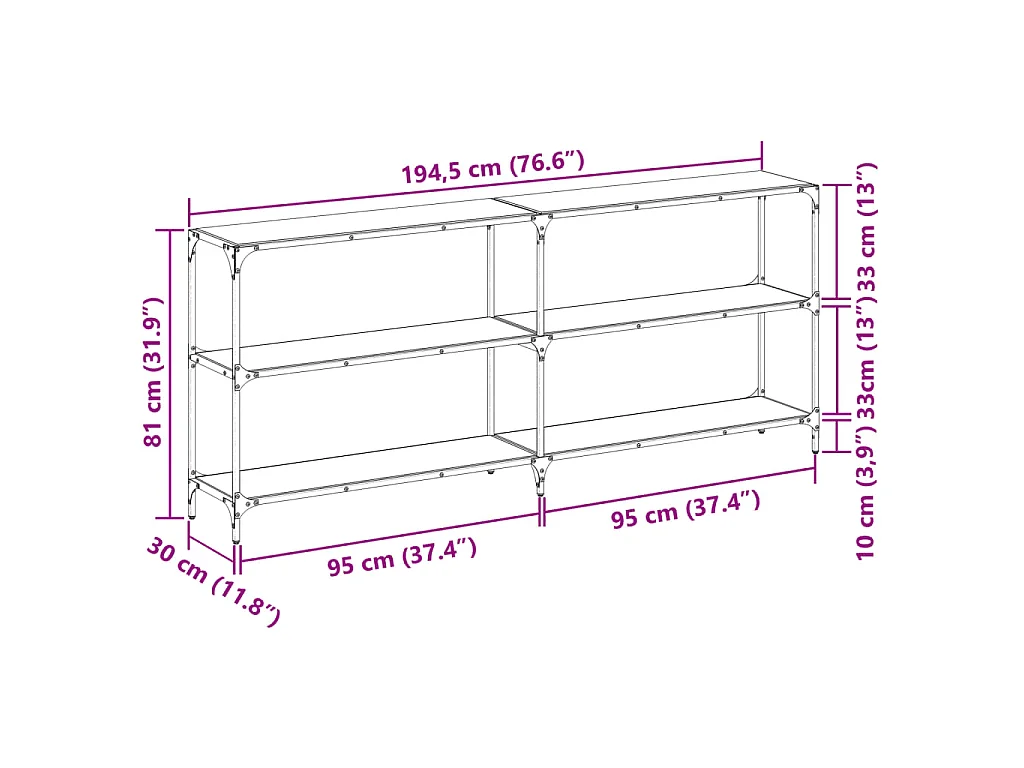 Table console avec dessus en verre noir 194,5x30x81 cm acier
