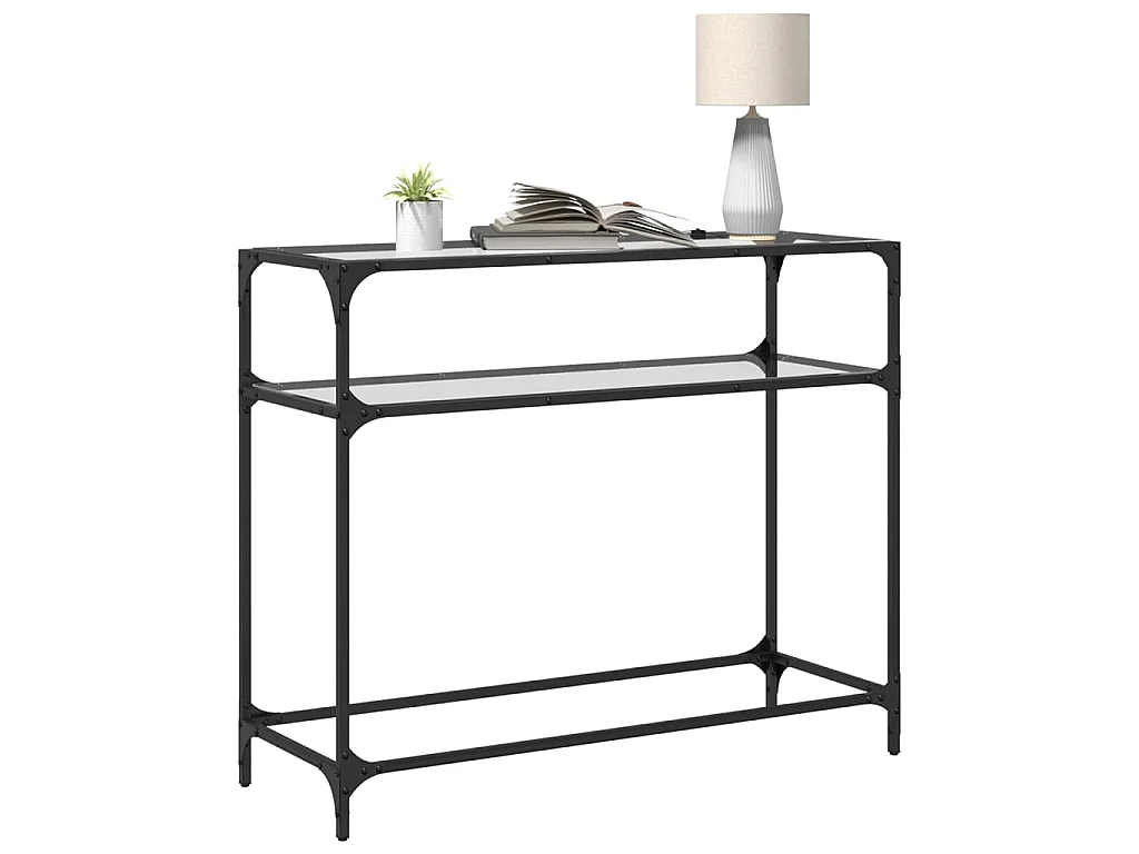 Tavolino Consolle Piano Vetro Trasparente 98x35x81cm in Acciaio