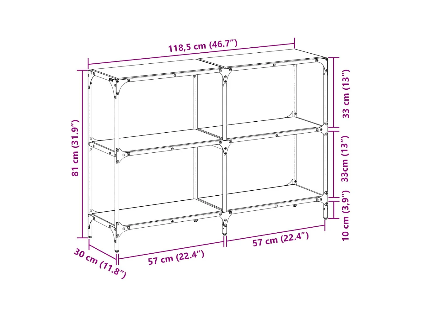 Table console avec dessus en verre noir 118,5x30x81 cm acier