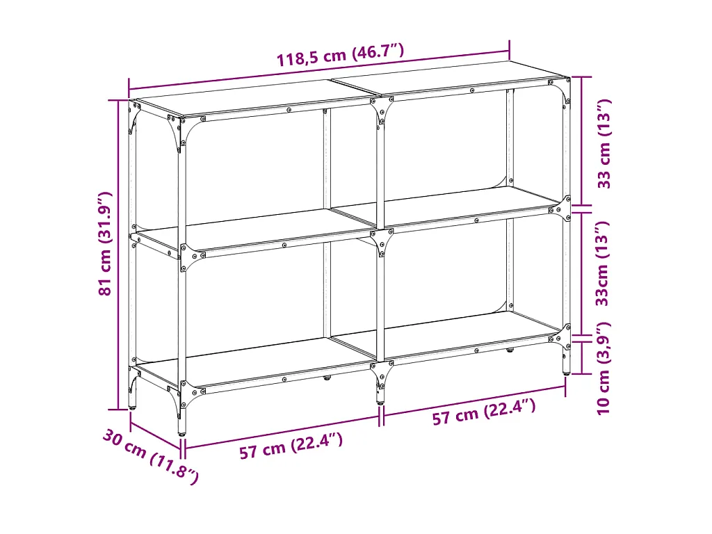 Table console avec dessus en verre noir 118,5x30x81 cm acier