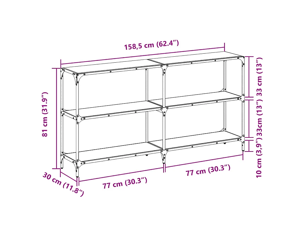 Table console avec dessus en verre noir 158,5x30x81 cm acier