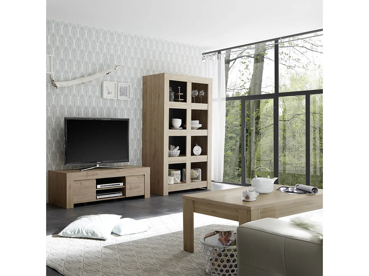 FIRMIN - Ensemble Salon Table basse + Meuble TV + Etagère Aspect Bois Finition Cadiz