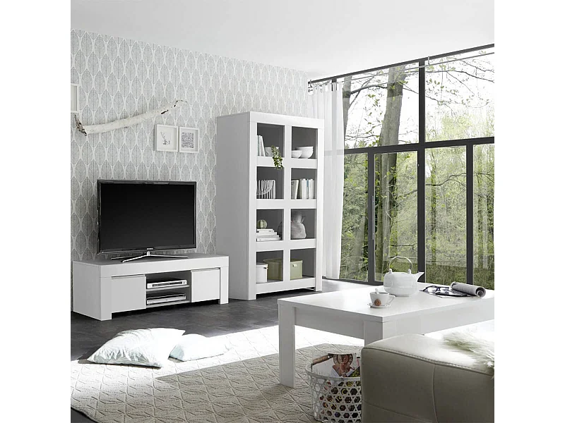 FIRMIN - Ensemble Salon Table basse + Meuble TV + Etagère Blanc Finition Mat