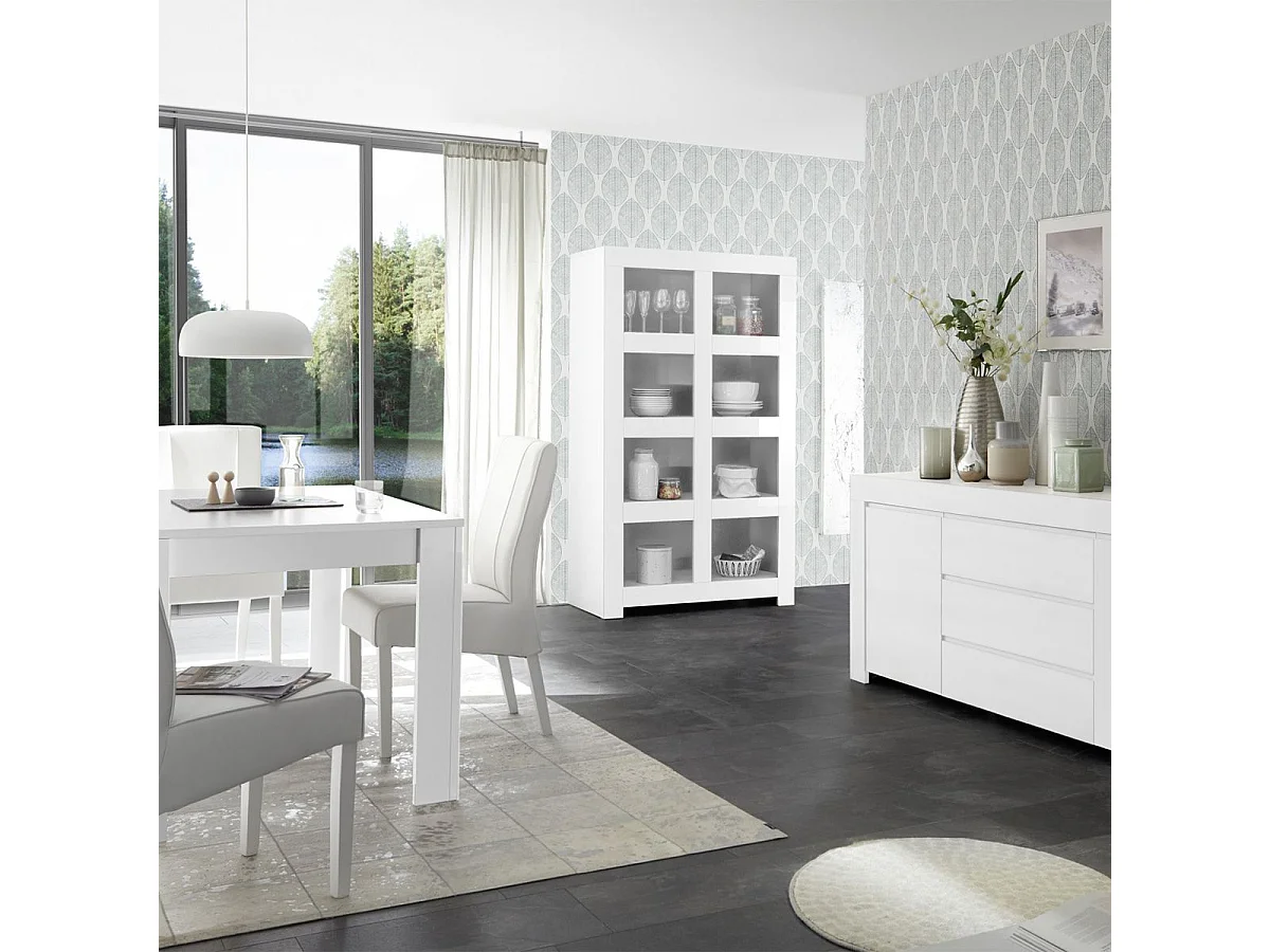 FIRMIN - Séjour avec Buffet 2 Portes 3 Tiroirs + Etagère Blanc Finition Mat