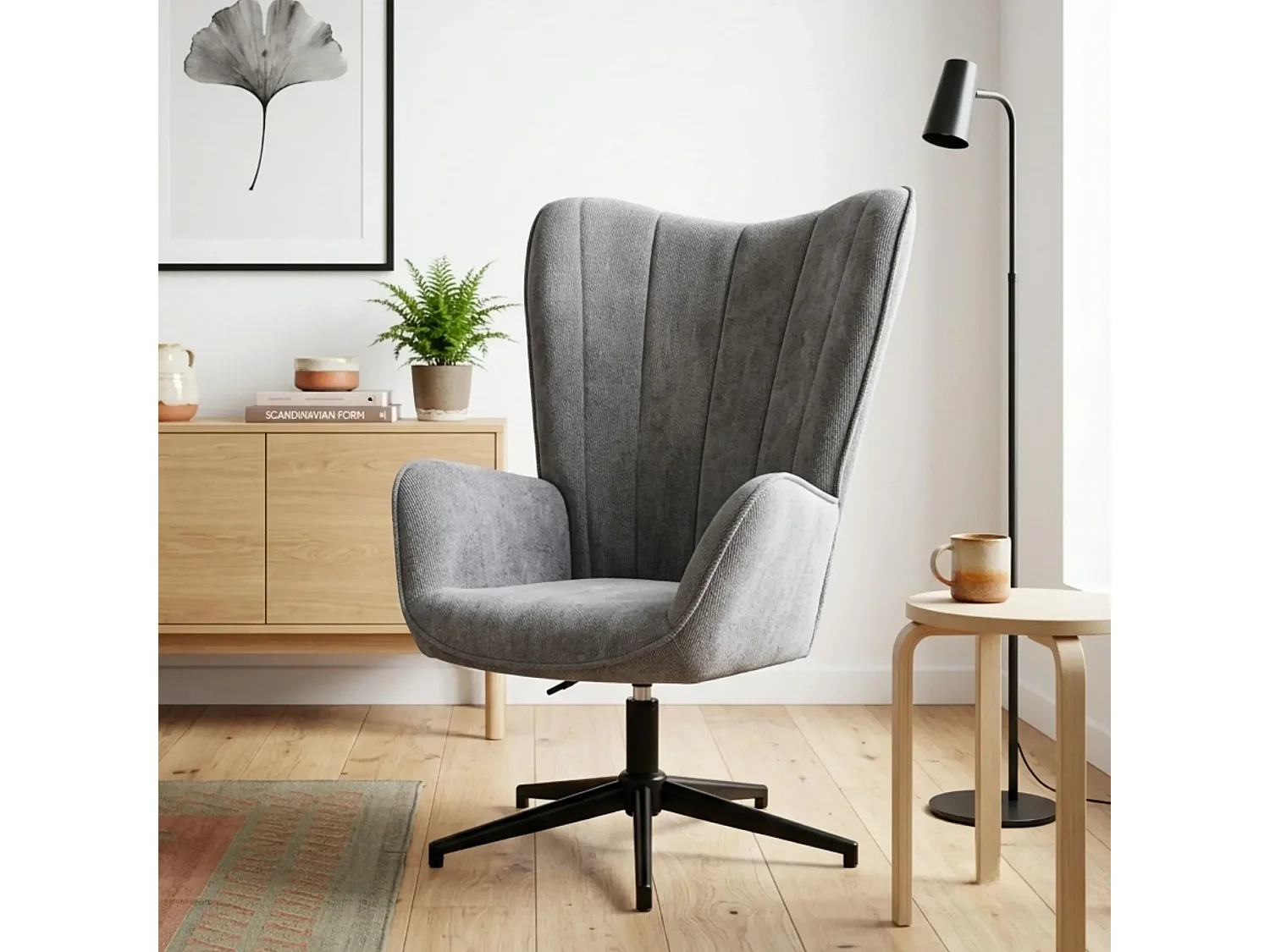 Fauteuil de salon pivotant en tissu à accoudoirs dossier haut - IGOR