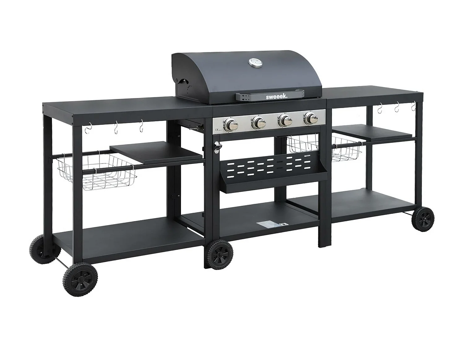 Barbecue 4 brûleurs. cuisine d'extérieure DANGLARS. Acier noir. L 223.5 x P 60.5 x H 142 cm