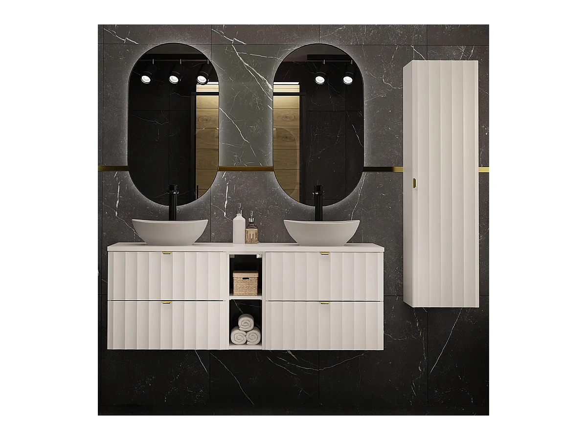 Ensemble meuble double vasque 140cm 2 niches et colonne Lexa Blanc