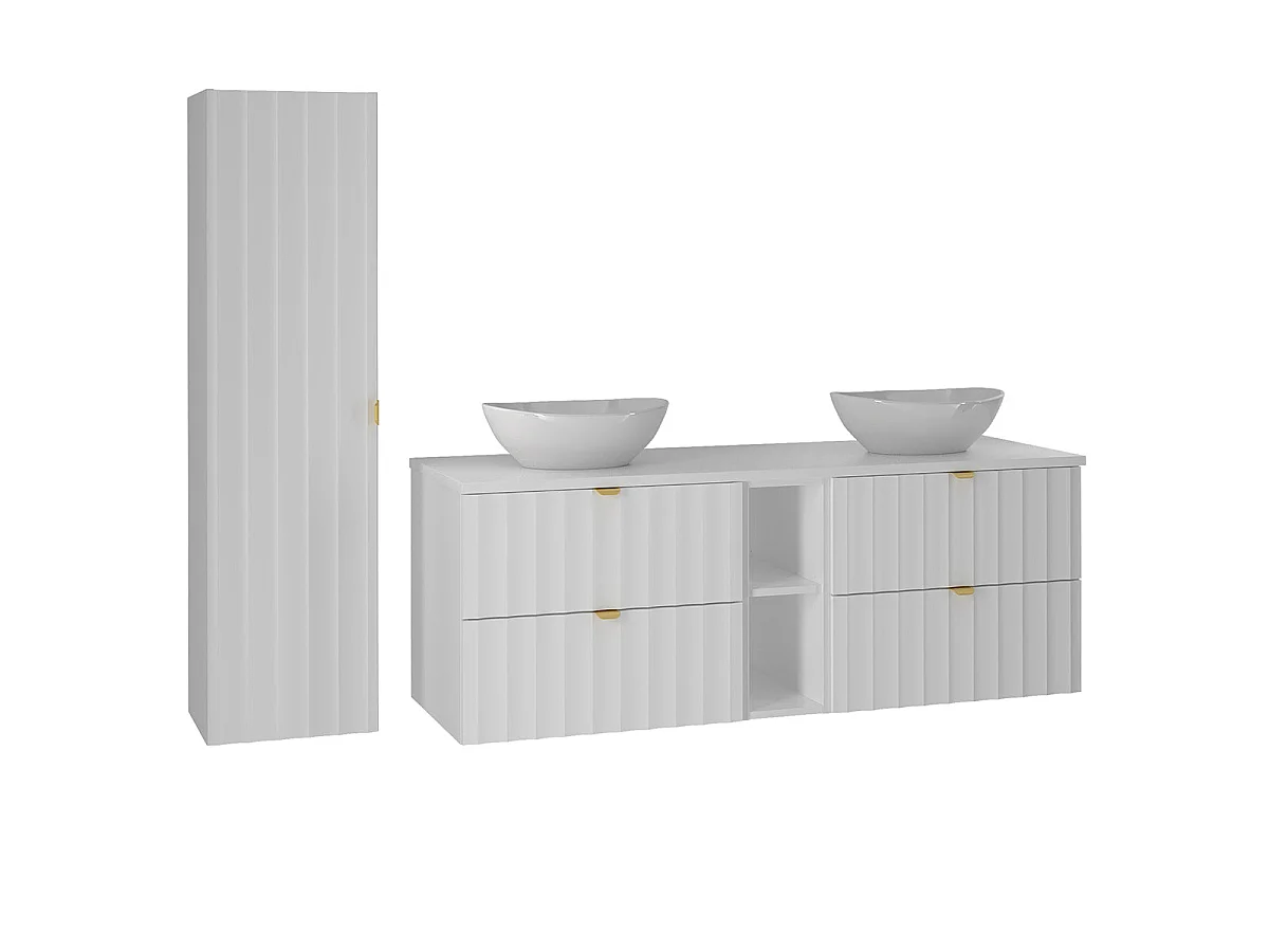 Ensemble meuble double vasque 140cm 2 niches et colonne Lexa Blanc
