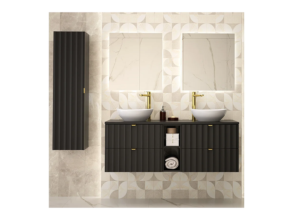 Ensemble meuble double vasque 140cm 2 niches et colonne Lexa Noir