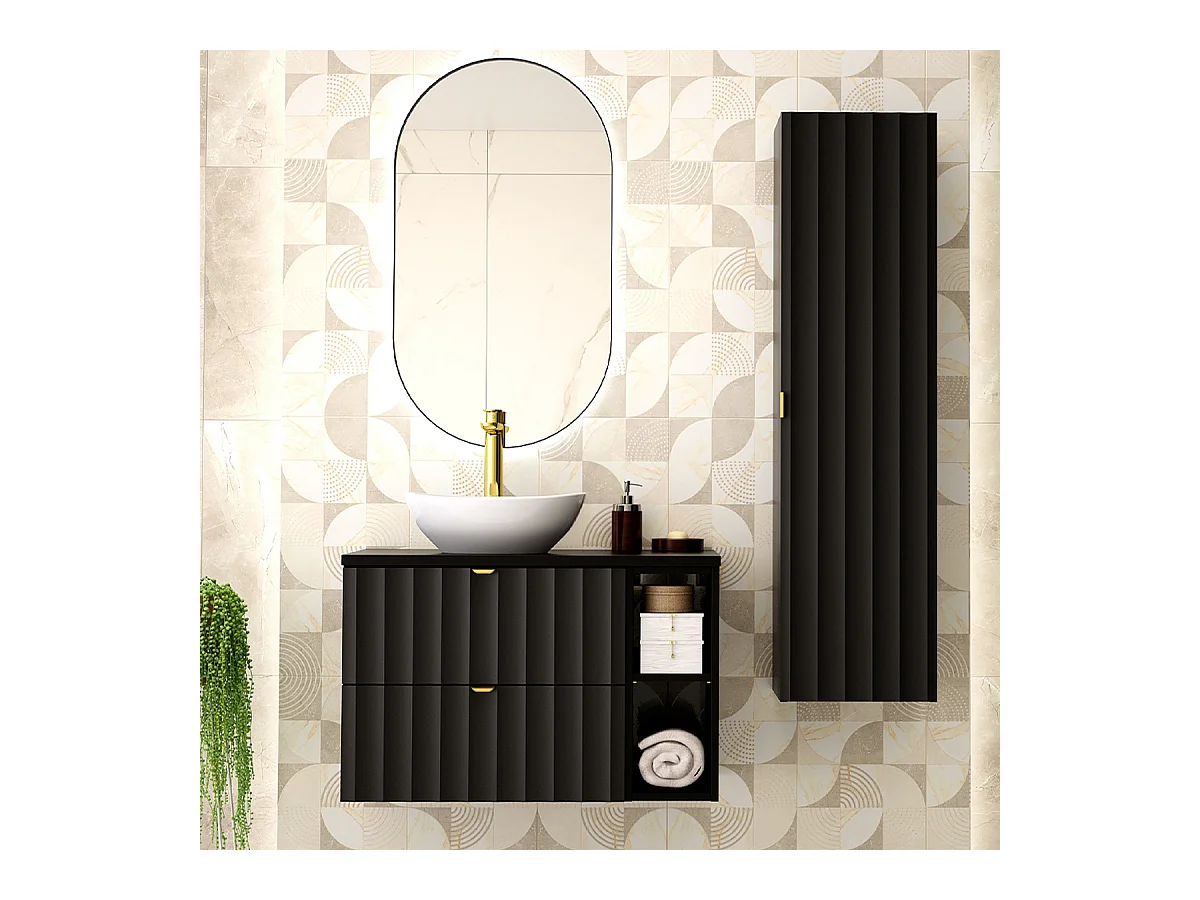 Ensemble meuble simple vasque 80cm 2 niches et colonne Lexa Noir