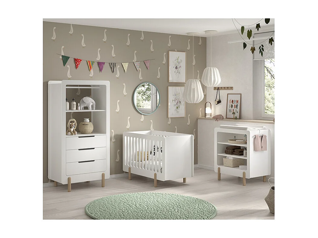Chambre complète lit 60x120 table à langer et armoire 3 tiroirs Smile Blanc