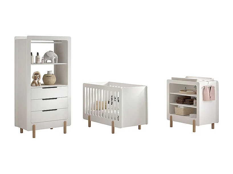 Chambre complète lit 60x120 table à langer et armoire 3 tiroirs Smile Blanc