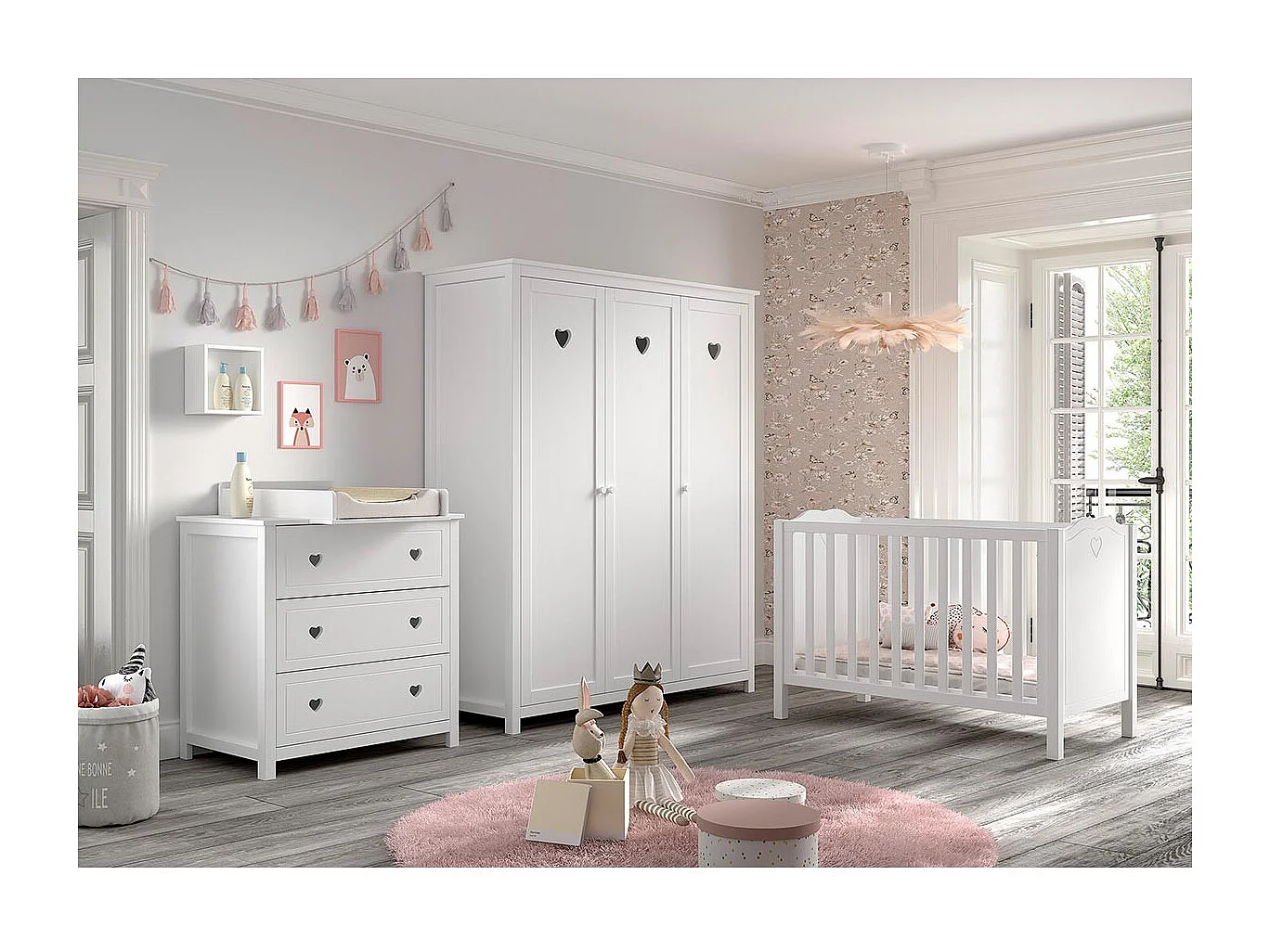 Pack - Lit Bébé, Armoire & Commode "Amori II" 60x120cm Blanc
