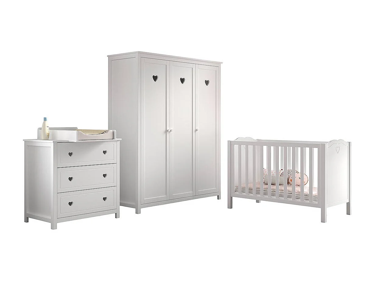 Pack - Lit Bébé, Armoire & Commode "Amori II" 60x120cm Blanc