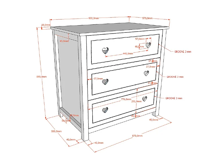 Pack - Lit Bébé, Armoire & Commode "Amori II" 60x120cm Blanc