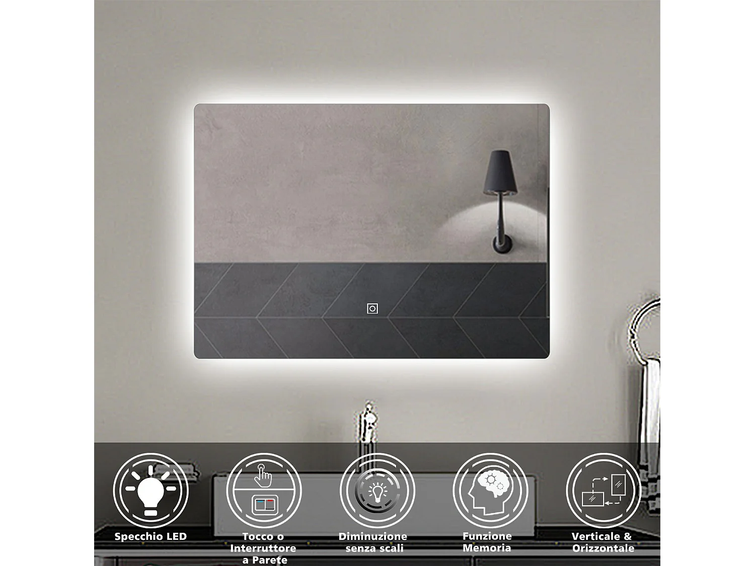 AICA Specchio da bagno Rettangolare con LED,70x50cm,Infinitamente Dimmerabile,Funzione Memoria,Per trucco makeup,Estetica Elegante