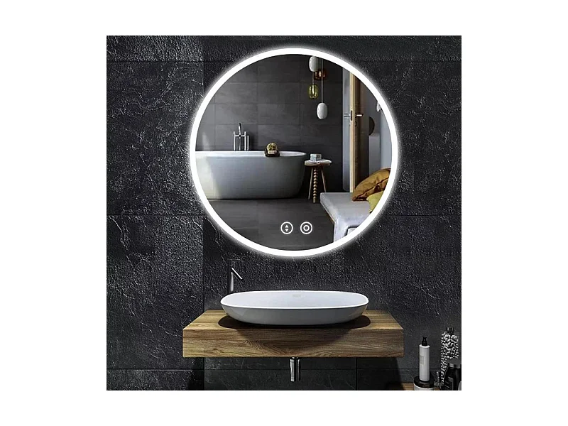 Miroir de salle de bain rond avec éclairage, miroir LED avec interrupteur tactile, anti-buée, luminosité variable, 60x60cm