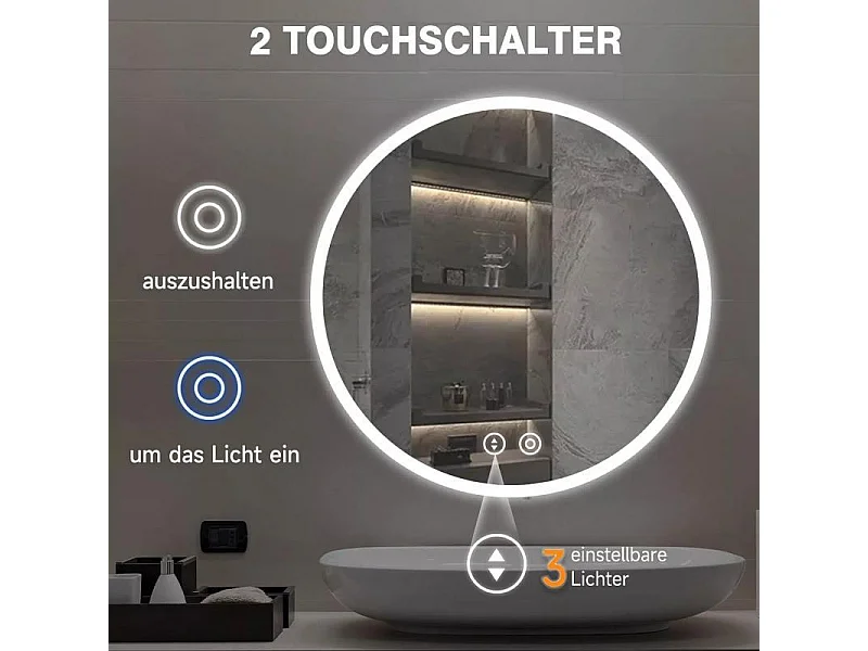 Miroir de salle de bain rond avec éclairage, miroir LED avec interrupteur tactile, anti-buée, luminosité variable, 60x60cm
