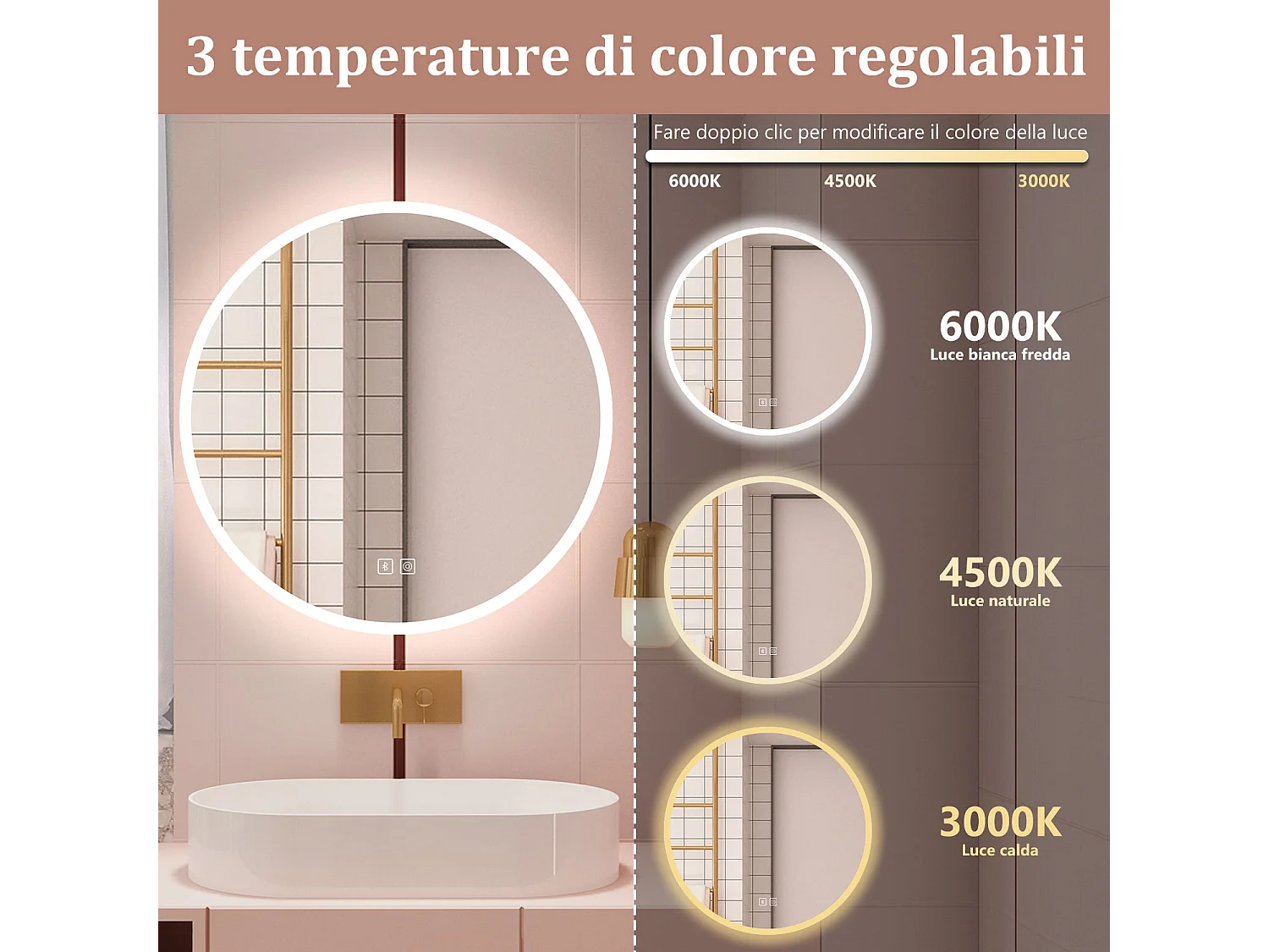 Aica Specchio da bagno a LED, 70x70cm, Bluetooth, 3 Temperature di Colore, Funzione Antiappannamento