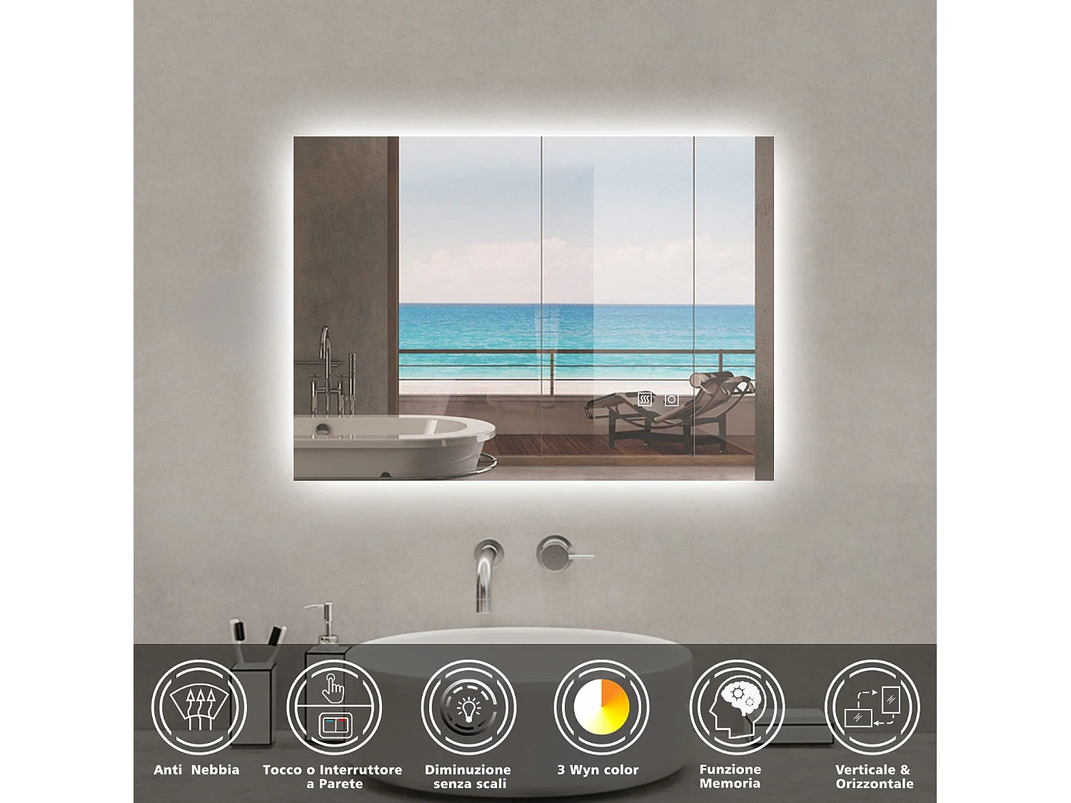 AICA Specchio da bagno rettangolare con LED,80x60cm,3 Temperature di Colore,Disappannamento,Touch control,Retroilluminato,Funzione Memoria