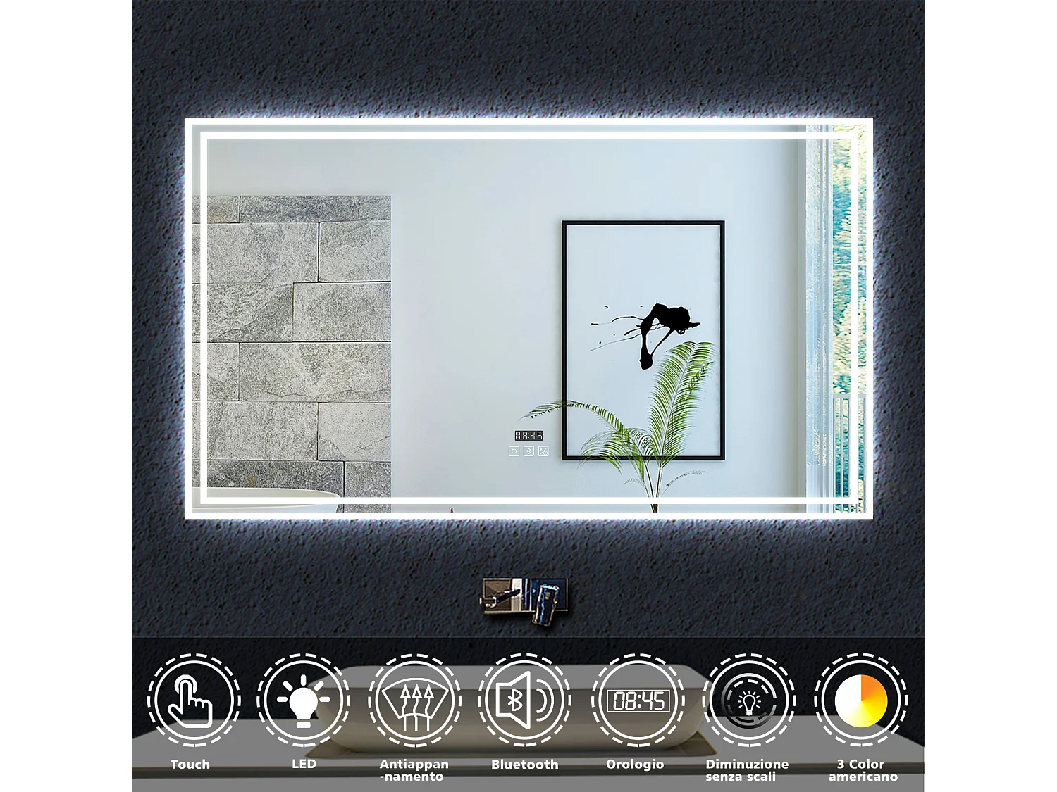 AICA Specchio da bagno rettangolare con LED,Bluetooth,orologio,3 Temperature di Colore,Disappannamento,160x80cm