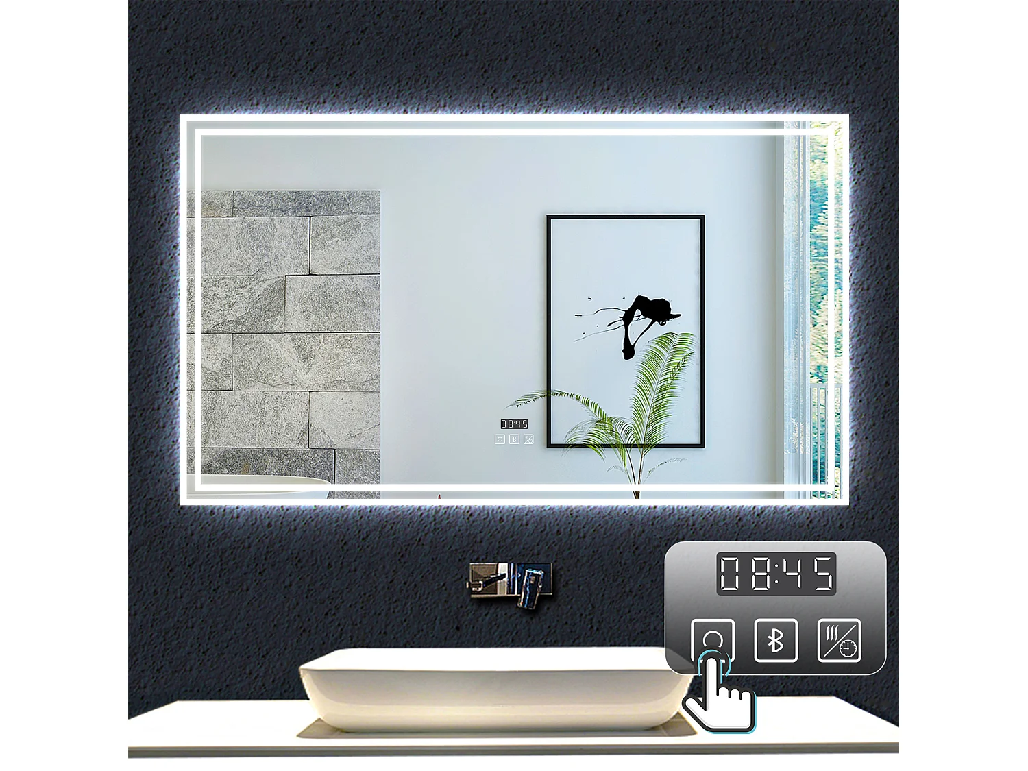 AICA Specchio da bagno rettangolare con LED,Bluetooth,orologio,3 Temperature di Colore,Disappannamento,160x80cm