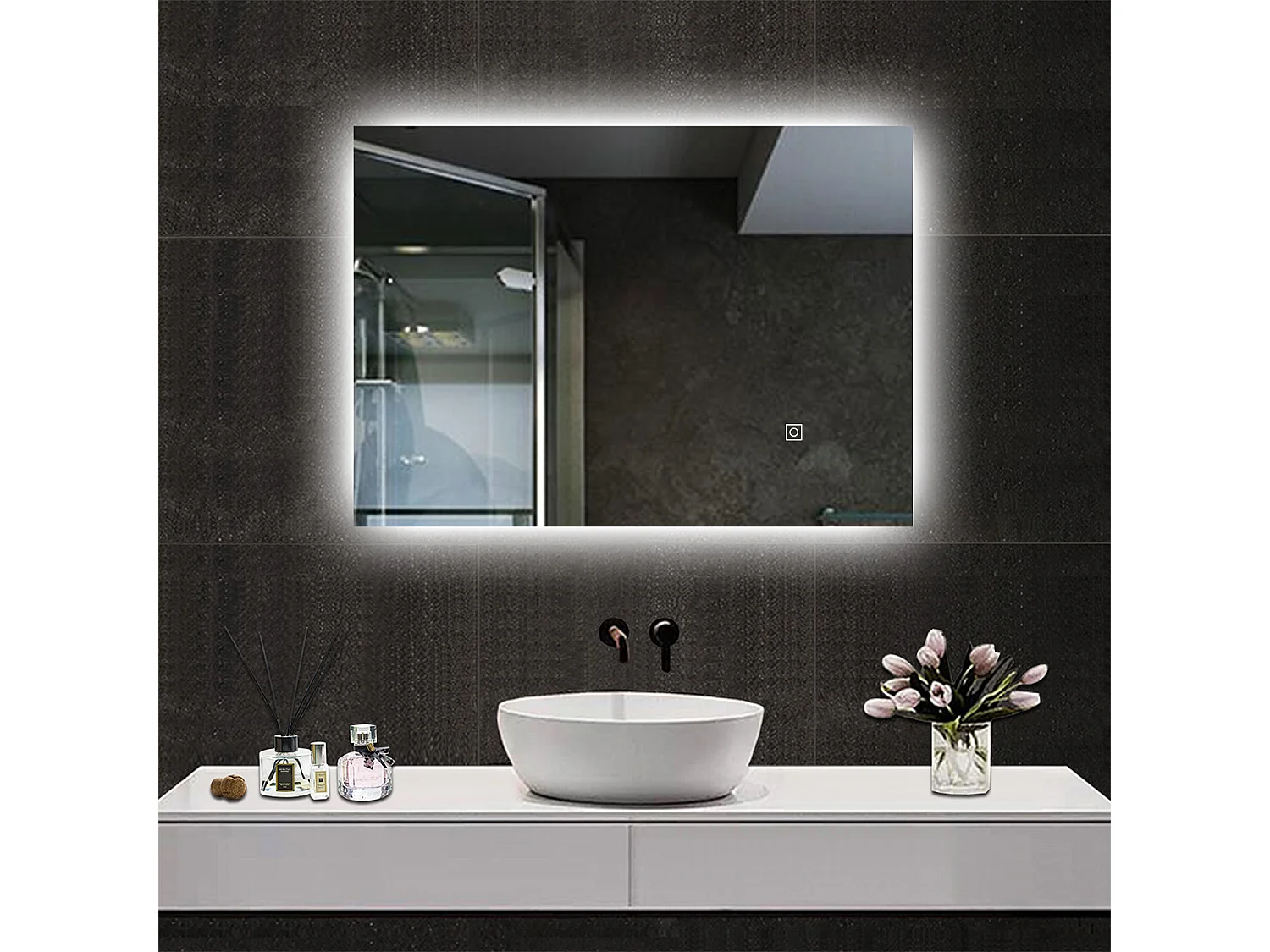 GOPLUS Specchio da Bagno LED 53 x 60 cm, Specchio Vanity Senza Cornice con Luci LED a 3 Colori