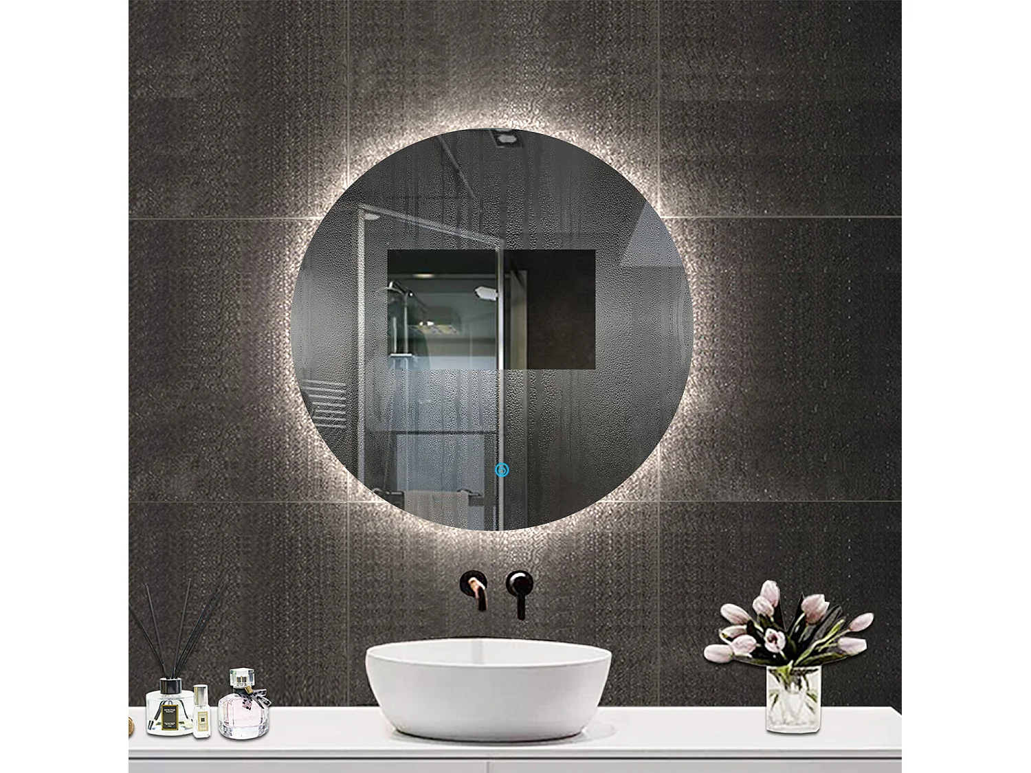 Aica Specchio da bagno a LED, Diametro 100cm, Disappannamento, Funzione Memoria, Estetica Elegante