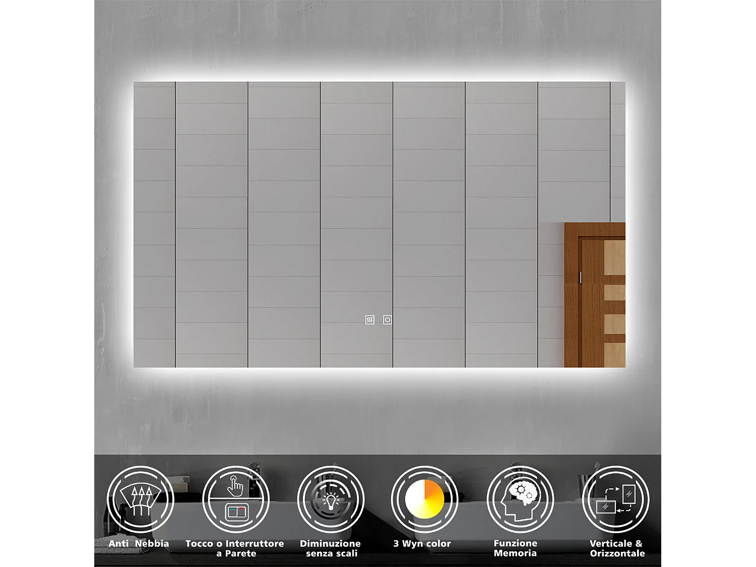 Aica Specchio da bagno a LED, 100x60cm, 3 Temperature di Colore, Disappannamento, Funzione Memoria, Infinitamente Dimmerabile