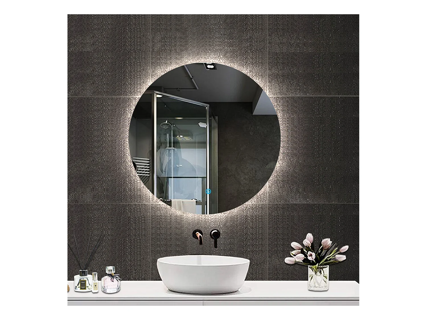 Aica Specchio da bagno a LED, Diametro 80cm, Disappannamento, Funzione Memoria, Estetica Elegante