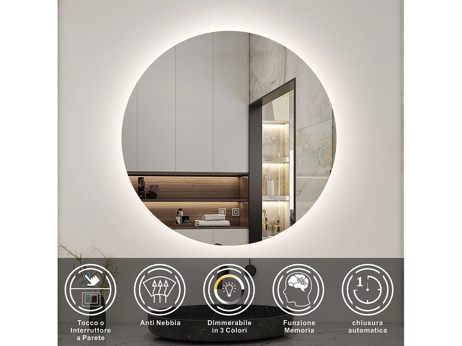 Aica Specchio da bagno a LED, Diametro 60cm, 3 Temperature di Colore, Disappannamento, Retroilluminato