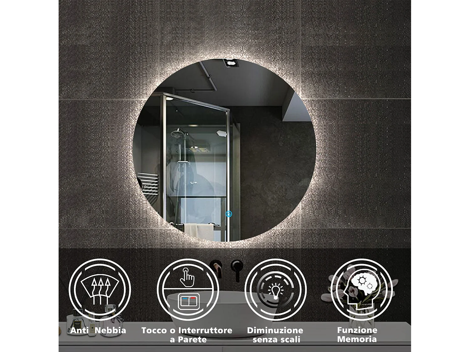 Aica Specchio da bagno a LED, Diametro 60cm, Disappannamento, Funzione Memoria, Estetica Elegante