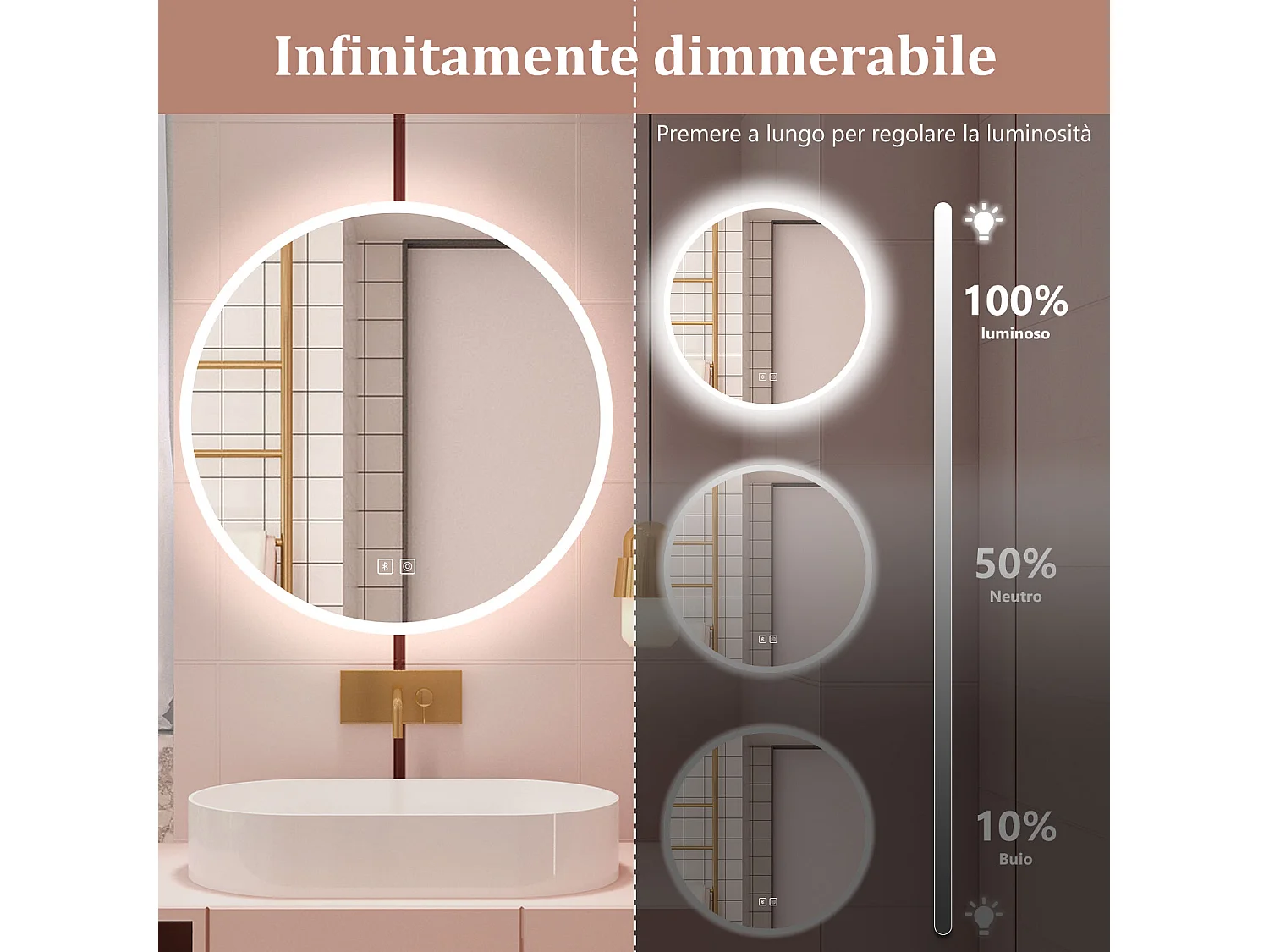 Aica Specchio da bagno a LED, 80x80cm, Bluetooth, 3 Temperature di Colore, Funzione Antiappannamento