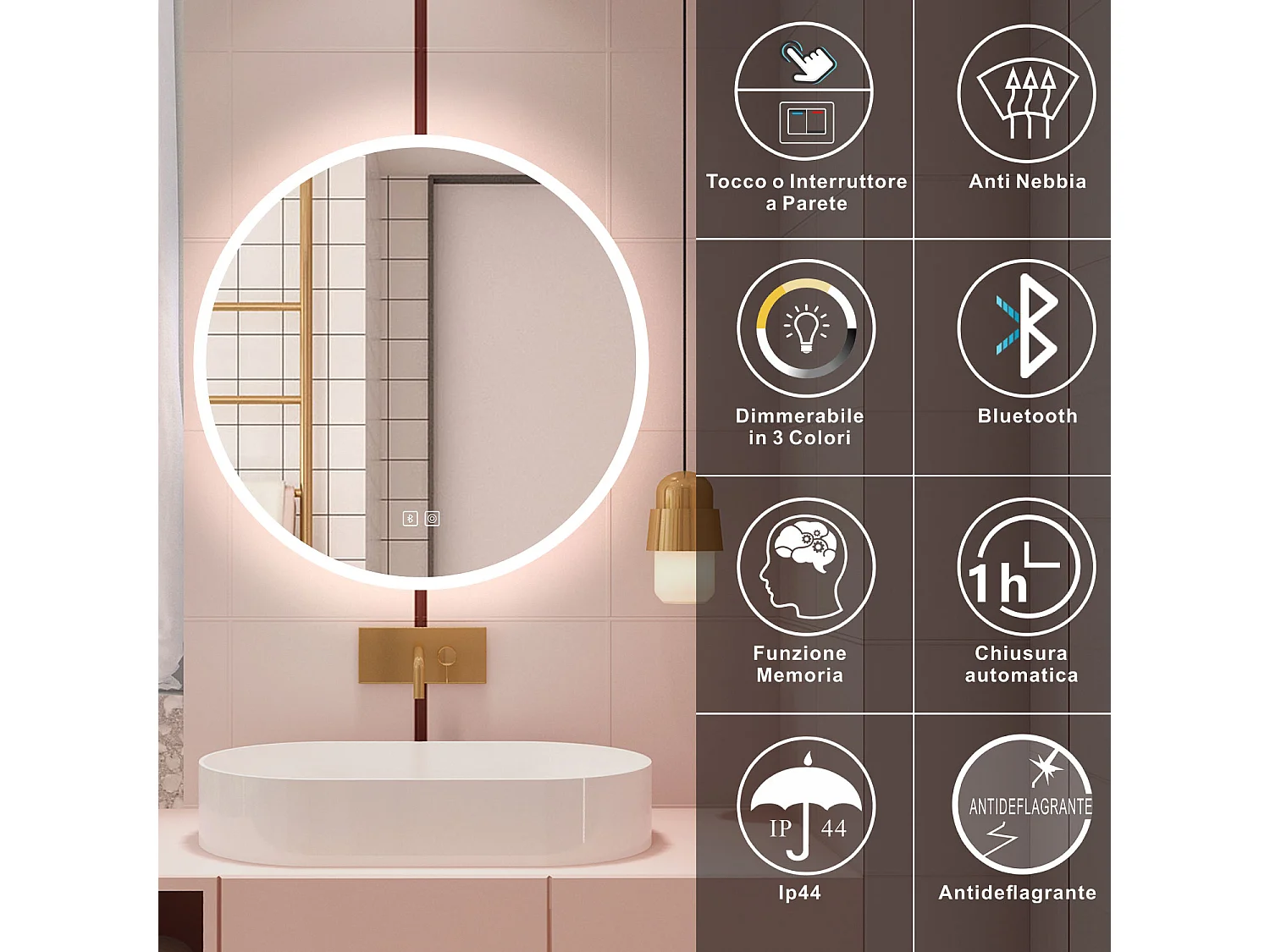 Aica Specchio da bagno a LED, 80x80cm, Bluetooth, 3 Temperature di Colore, Funzione Antiappannamento