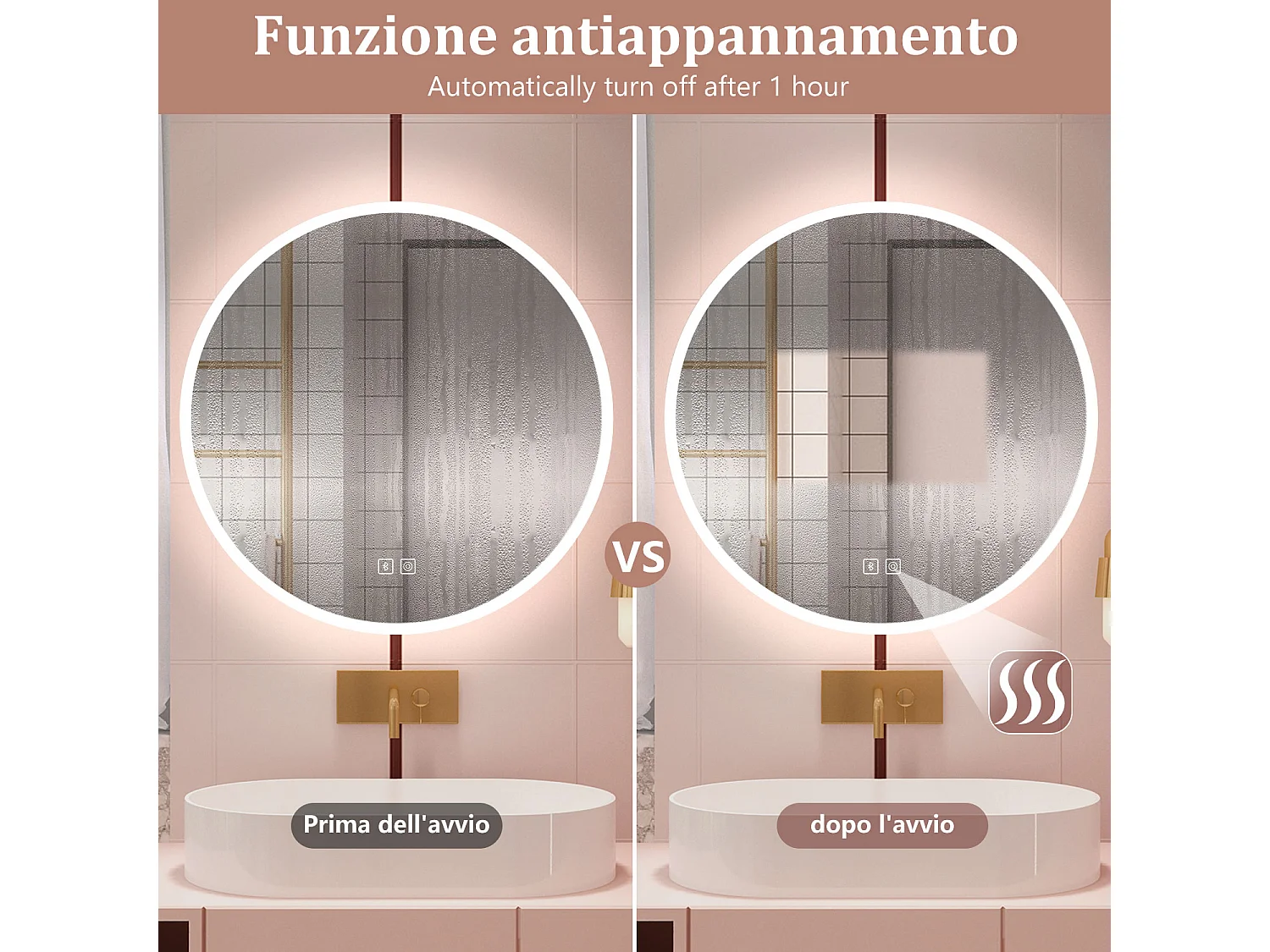 Aica Specchio da bagno a LED, 80x80cm, Bluetooth, 3 Temperature di Colore, Funzione Antiappannamento