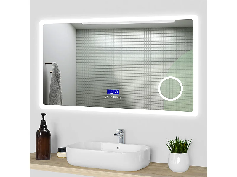Aica Specchio da bagno a LED, 140x80cm, Bluetooth, Lente d'ingrandimento