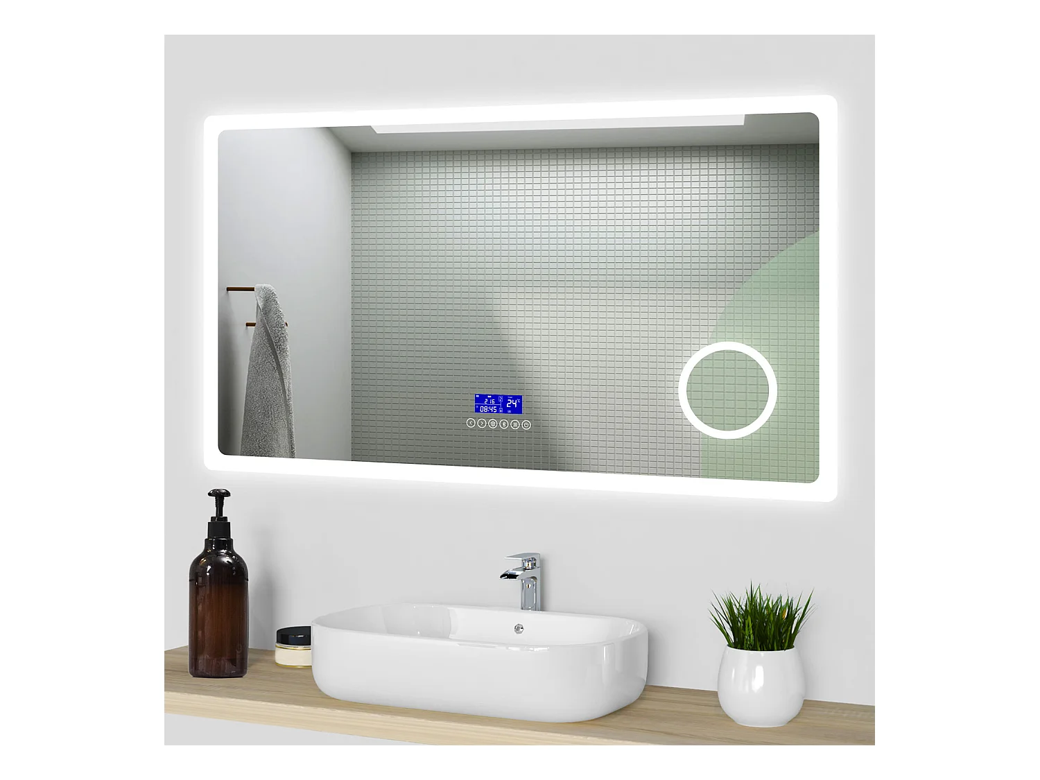 Aica Specchio da bagno a LED, 140x80cm, Bluetooth, Lente d'ingrandimento