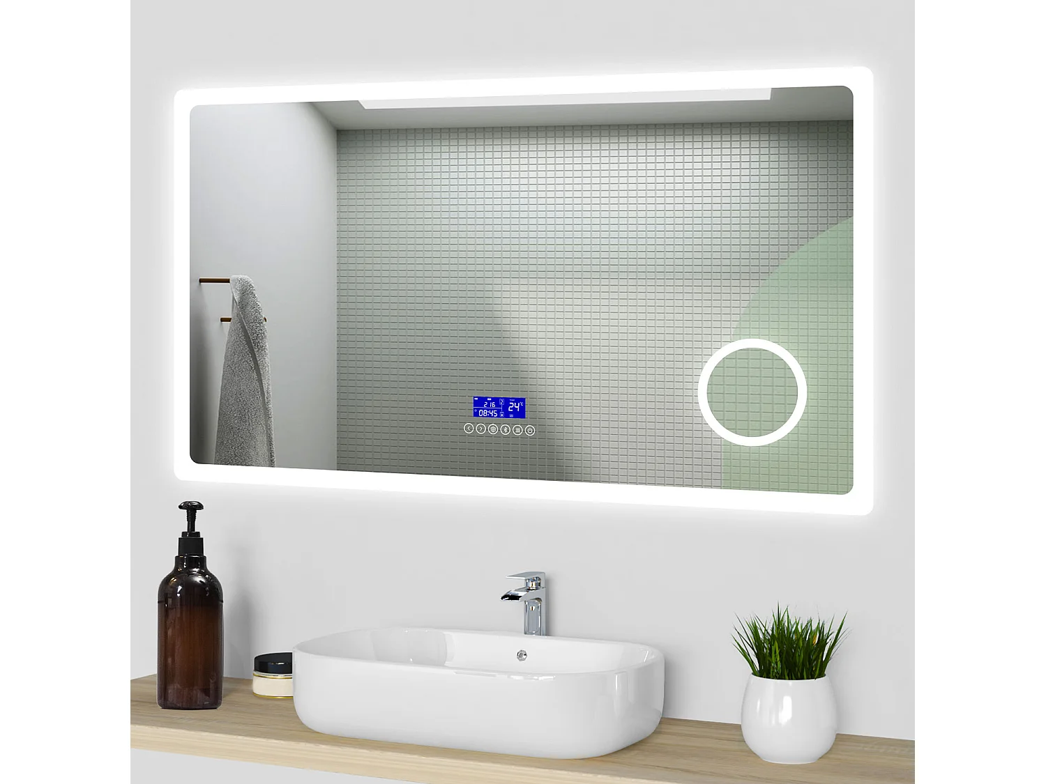 Aica Specchio da bagno a LED, 140x80cm, Bluetooth, Lente d'ingrandimento