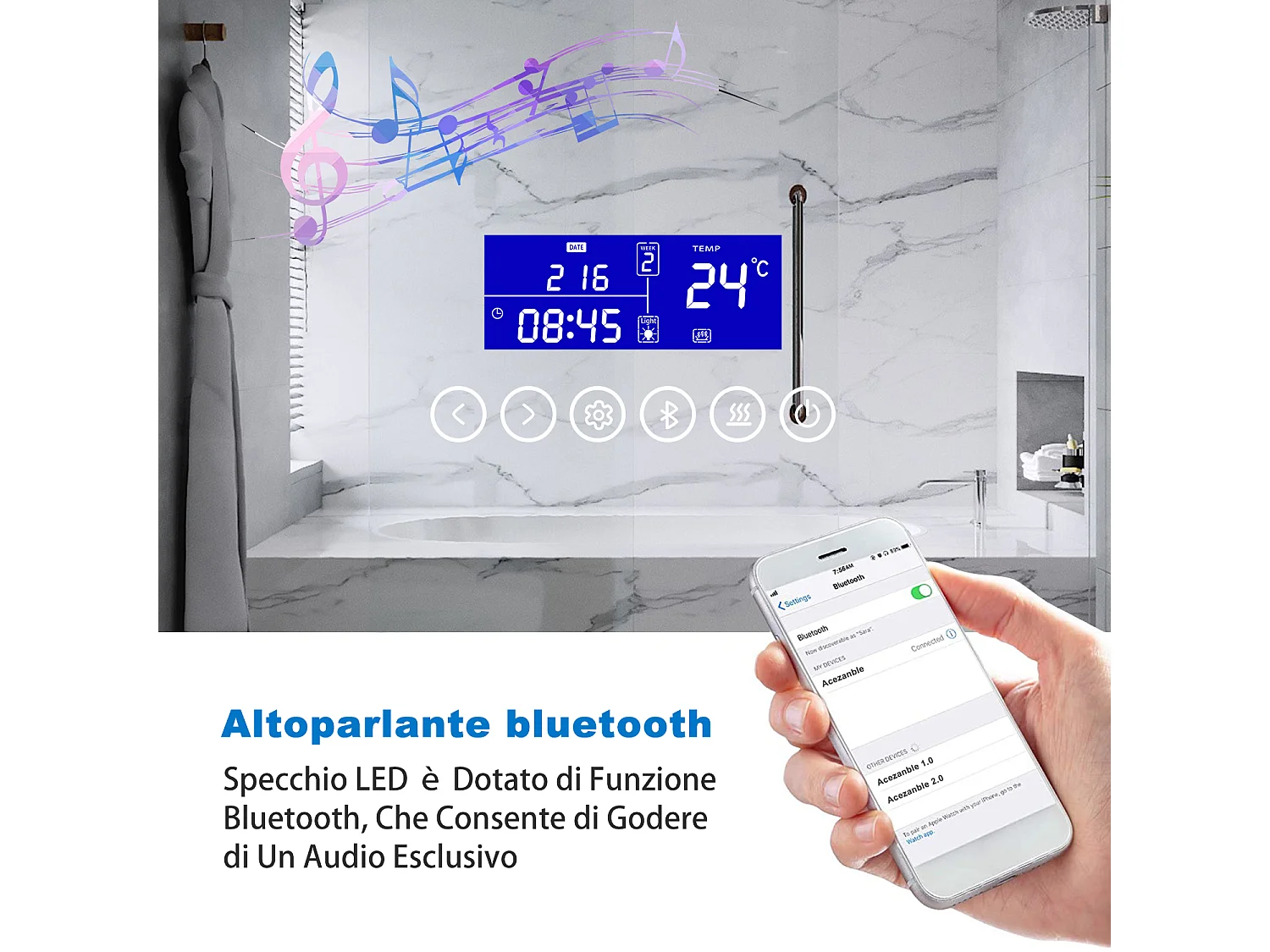 Aica Specchio da bagno a LED, 140x80cm, Bluetooth, Lente d'ingrandimento