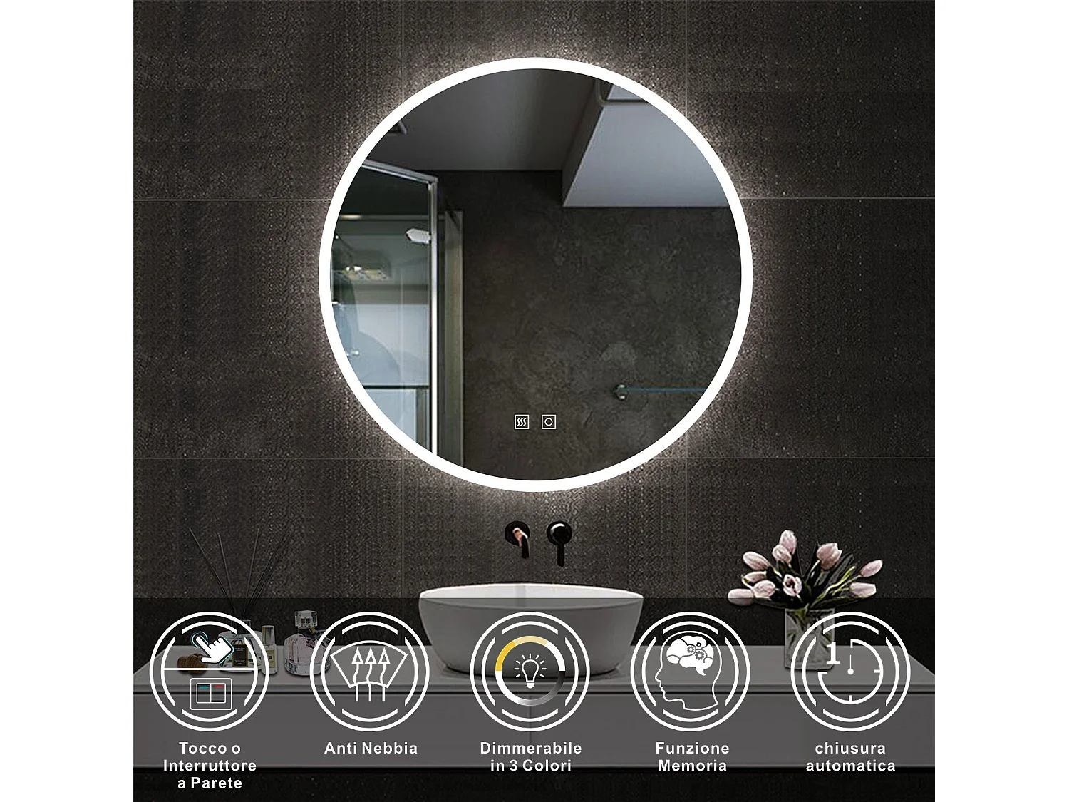 AICA Specchio da bagno rotondo con LED,Diametro 80cm,3 Temperature di Colore,Disappannamento,Infinitamente Dimmerabile