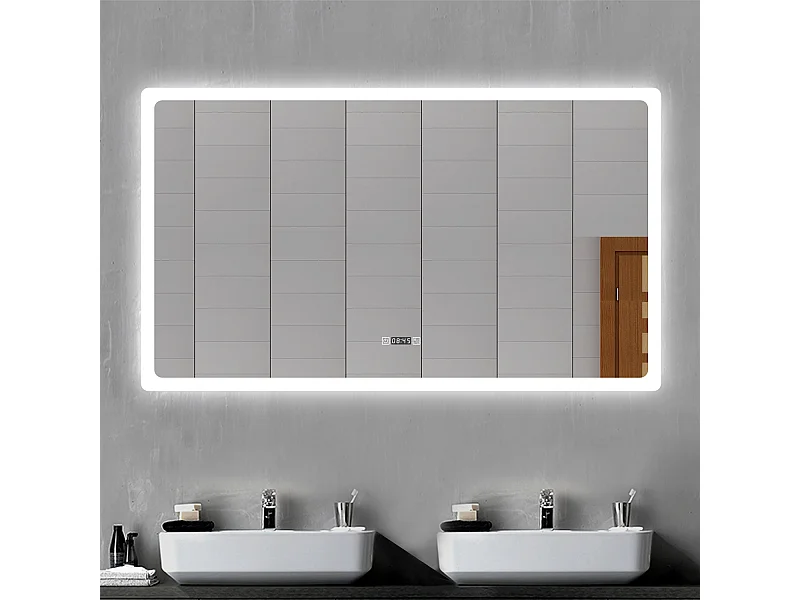 AICA Specchio da bagno rettangolare con LED,120x70cm,orologio,Disappannamento,3 Temperature di Colore
