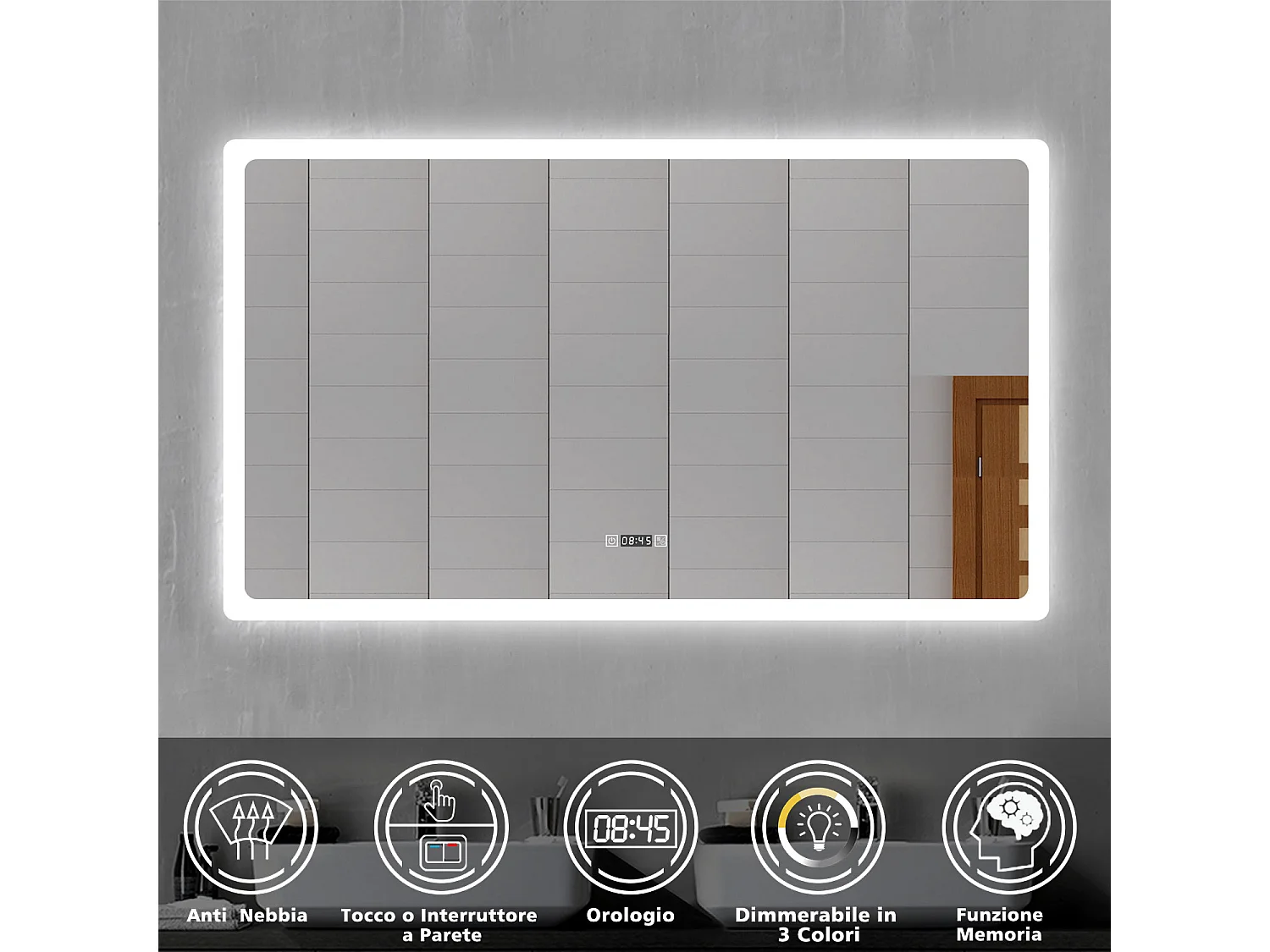 AICA Specchio da bagno rettangolare con LED,120x70cm,orologio,Disappannamento,3 Temperature di Colore