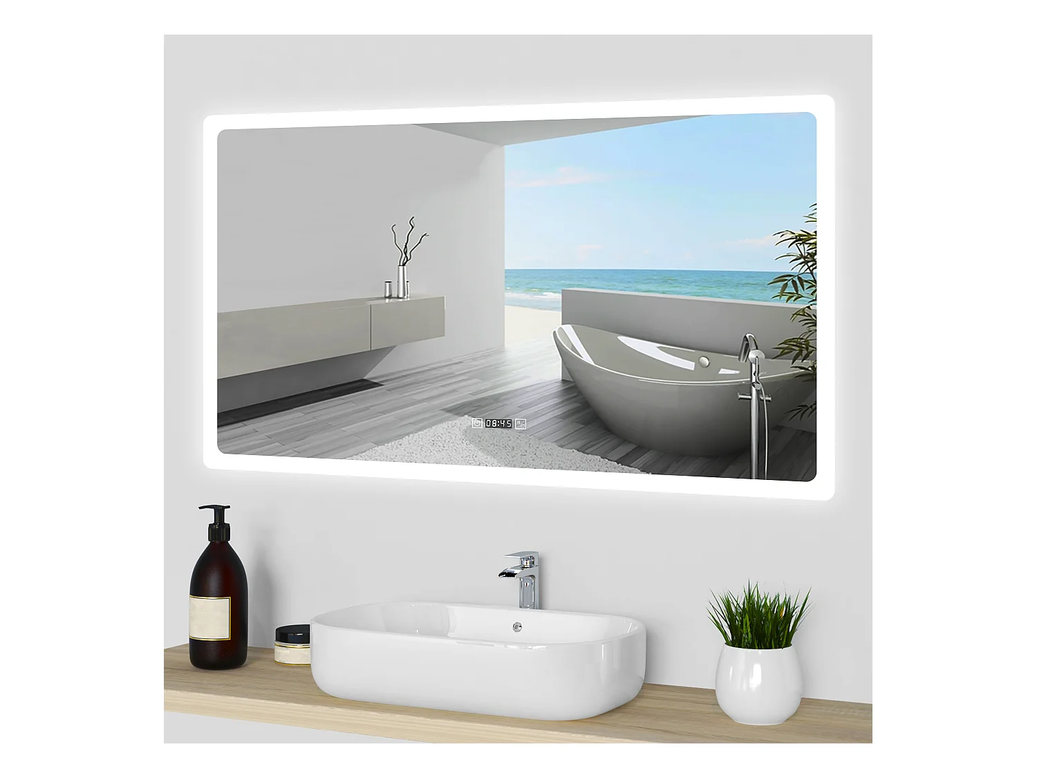 Aica Specchio da bagno a LED, 120x70cm, orologio, Disappannamento, 3 Temperature di Colore